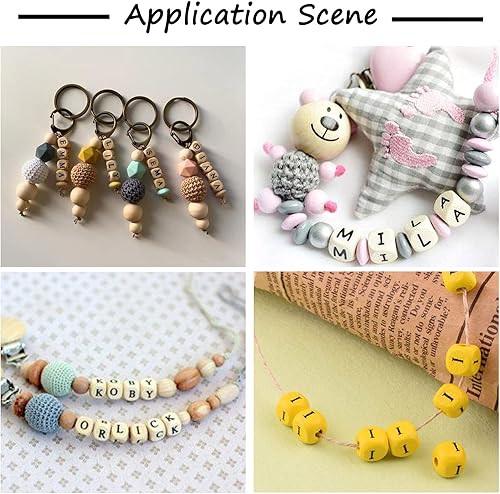 Miniatura 5 de Pandahall - 500 cuentas de madera natural con patrón de letras de 0.394 x 0.394 x 0.394in, cuentas espaciadoras pintadas de colores del alfabeto,