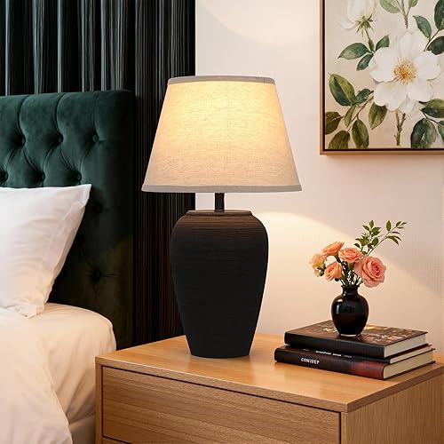 Miniatura 3 de Ceramic Pot Table Lamp 21.25 inch Tall Striped Nightstand Lamp, Tapered Fabric Shade Bedside, Ceramic Decorative for Living Room Bedroom House