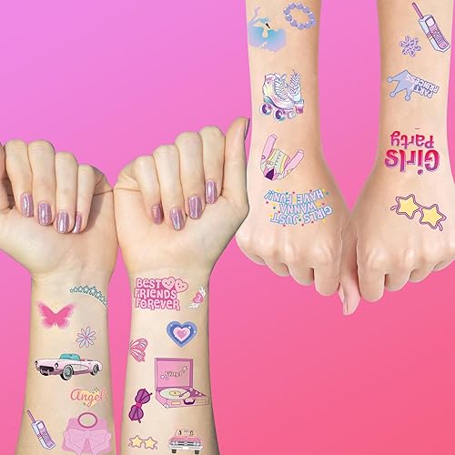 Miniatura 4 de 60 tatuajes temporales de color rosa intenso para niñas, calcomanías de tatuajes de princesa, tatuajes temporales impermeables para niñas y niños,
