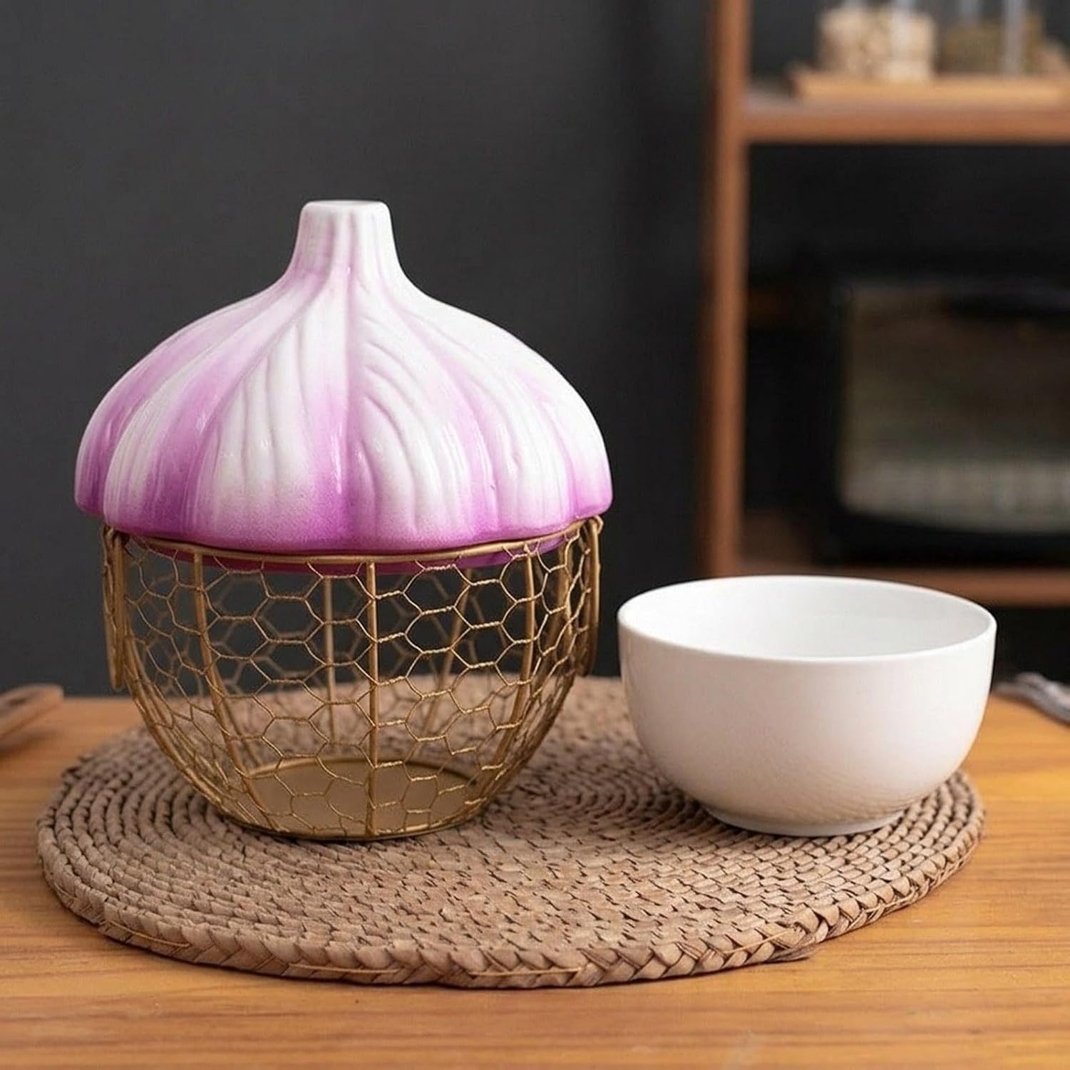 Contenitore Portaoggetti per Zenzero e Aglio, Porta Uova in Ferro Intrecciato Traspirante, Elegante Cestino da Cucina Decorativo per Dispensa o Piano Cucina, Purple