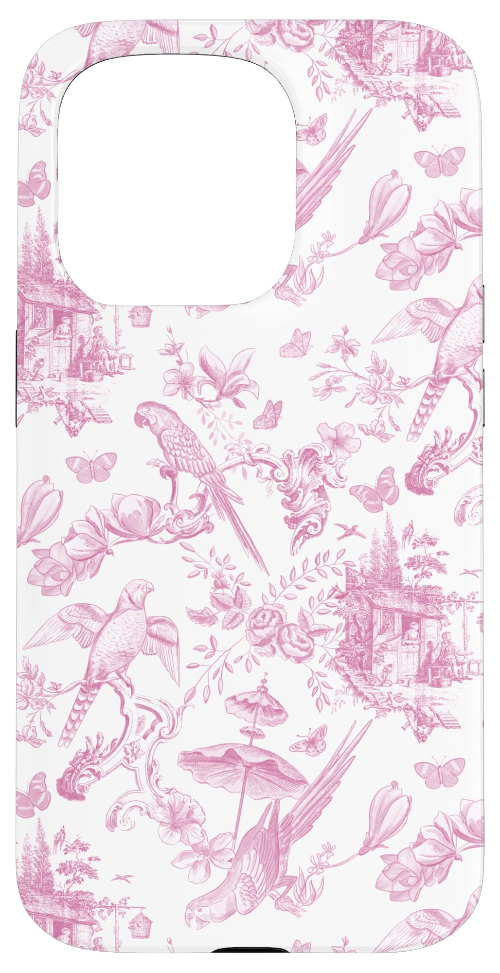 Pink Toile Chinoiserie - Parrots Flowers Butterflies Birds Case for iPhone 15 Pro