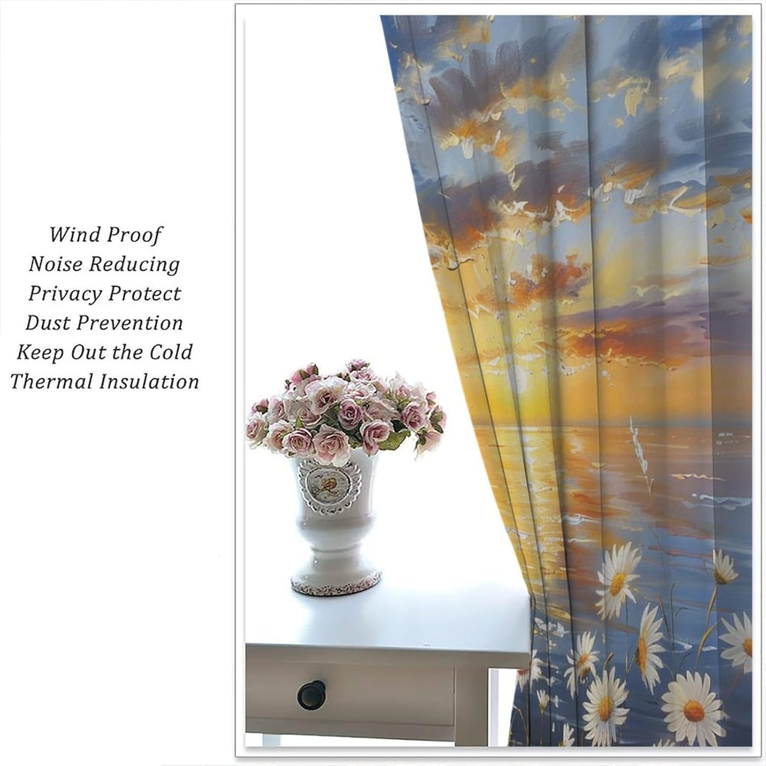 Rustic Floral Daisy Blackout Curtains, Nature Sunrise Sky Garden Lake Home Decor Rod Pocket Window Drapes for Living Room Bedroom- 2 Panels 42" W x 45" L