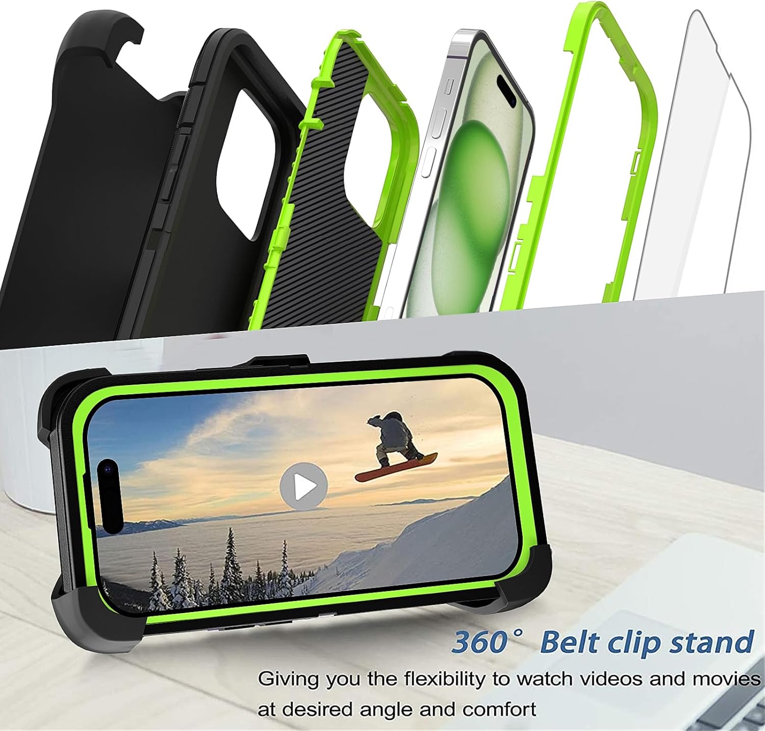 for iPhone 15 Case 6.1" Belt Clip Kickstand with 2 Screen Protector & 2 Camera Lens Protector, Full Body Protection Heavy Duty Case Cover (Black Green+Clip) - Image 3