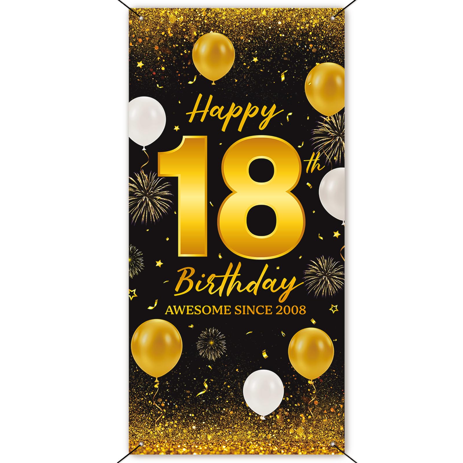 18th Birthday Door Banner, Black Gold Happy 18th Birthday Backdrop Decorations with 6m Ribbon, Awesome Since 2008