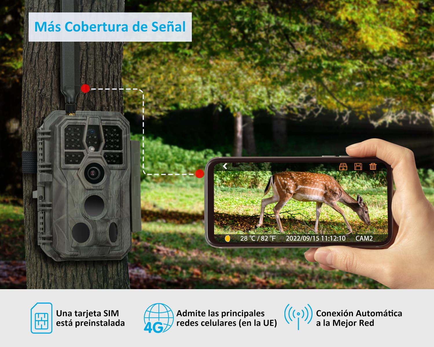 GardePro X50 Câmaras de Caça 4G LTE con App y Tarjeta SIM, 32MP 1296P H.265 Vidéo, Camara Fototrampeo con Alcance de Visión Nocturna de 30m y 0,1s Tiempo de Activación, LED IR No-Glow