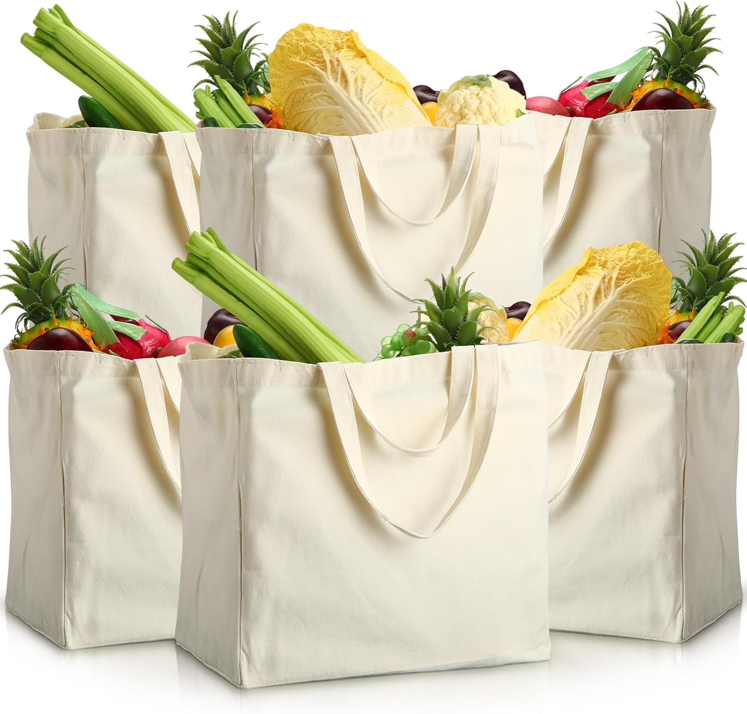 Paterr 6 Pcs Reusable Canvas Grocery Shopping Bag with Real Pockets XL Tote Bags for Groceries, Heavy Duty, Foldable and Washable Shopping Bags, Short and Long Handles