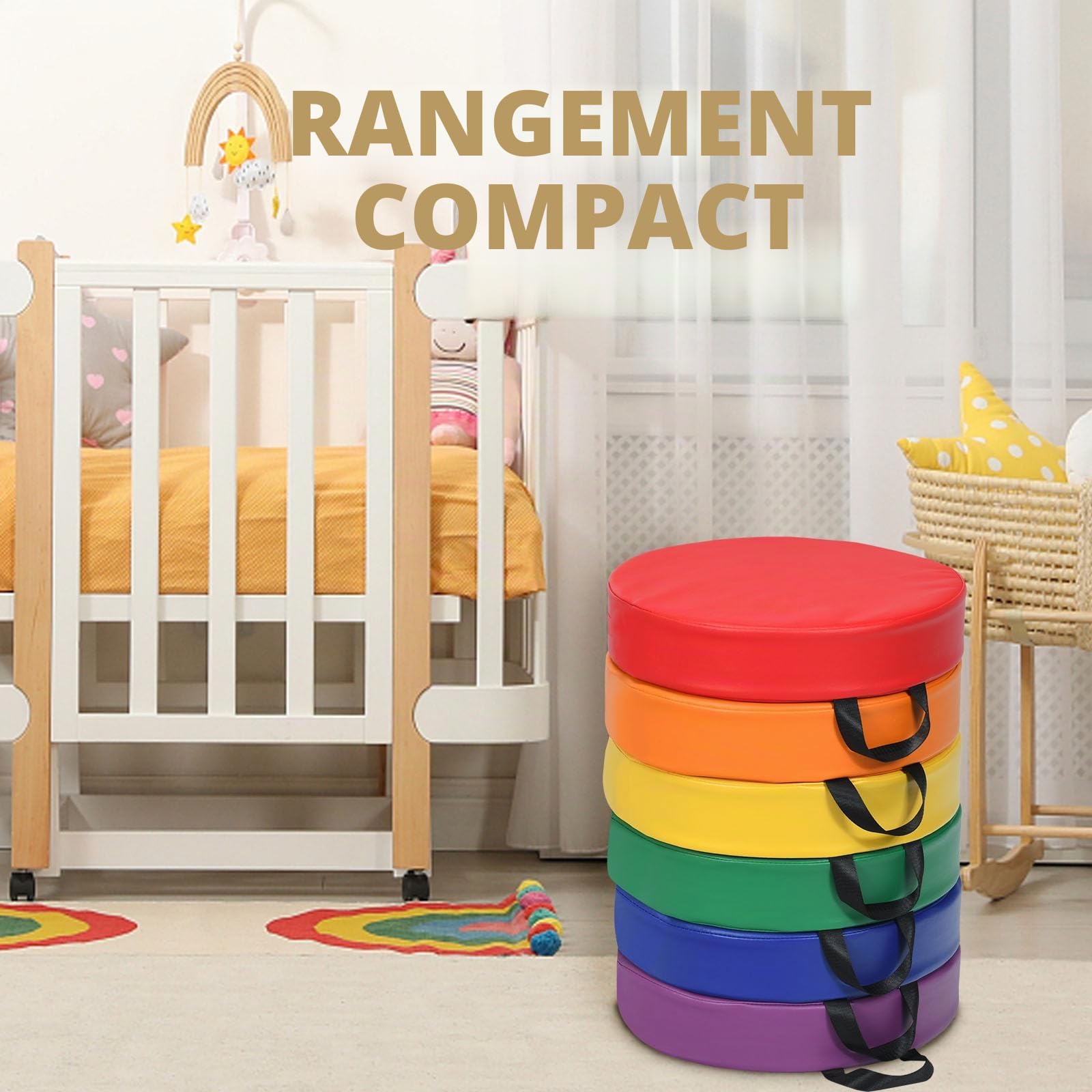 LIFEZEAL Lot de 6 Coussins de Chaises pour Enfants, Galette de Chaise en Mousse et PU, Coussin de Sol Empilable Multicoloré avec Poignée, 38x38x8 CM, Intérieur et Extérieur (Rond Arc-en-Ciel)