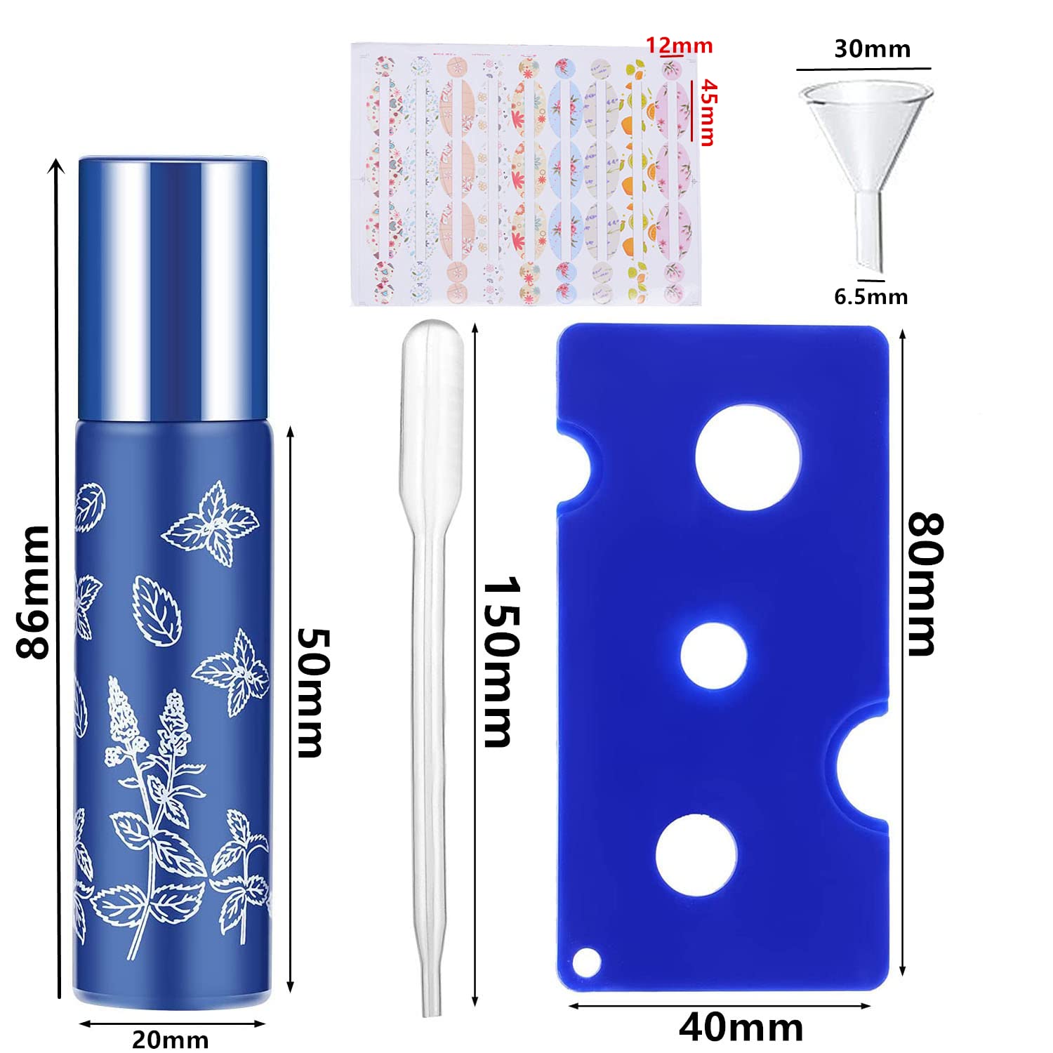 8 sztuk 10 ml butelki na olejki eteryczne z lejkiem, słomki, wyciskarka do koralików, przenośnych, do wielokrotnego napełniania, do olejków eterycznych, perfum, balsamów, masażu, olejków aromatycznych, w zestawie z naklejką