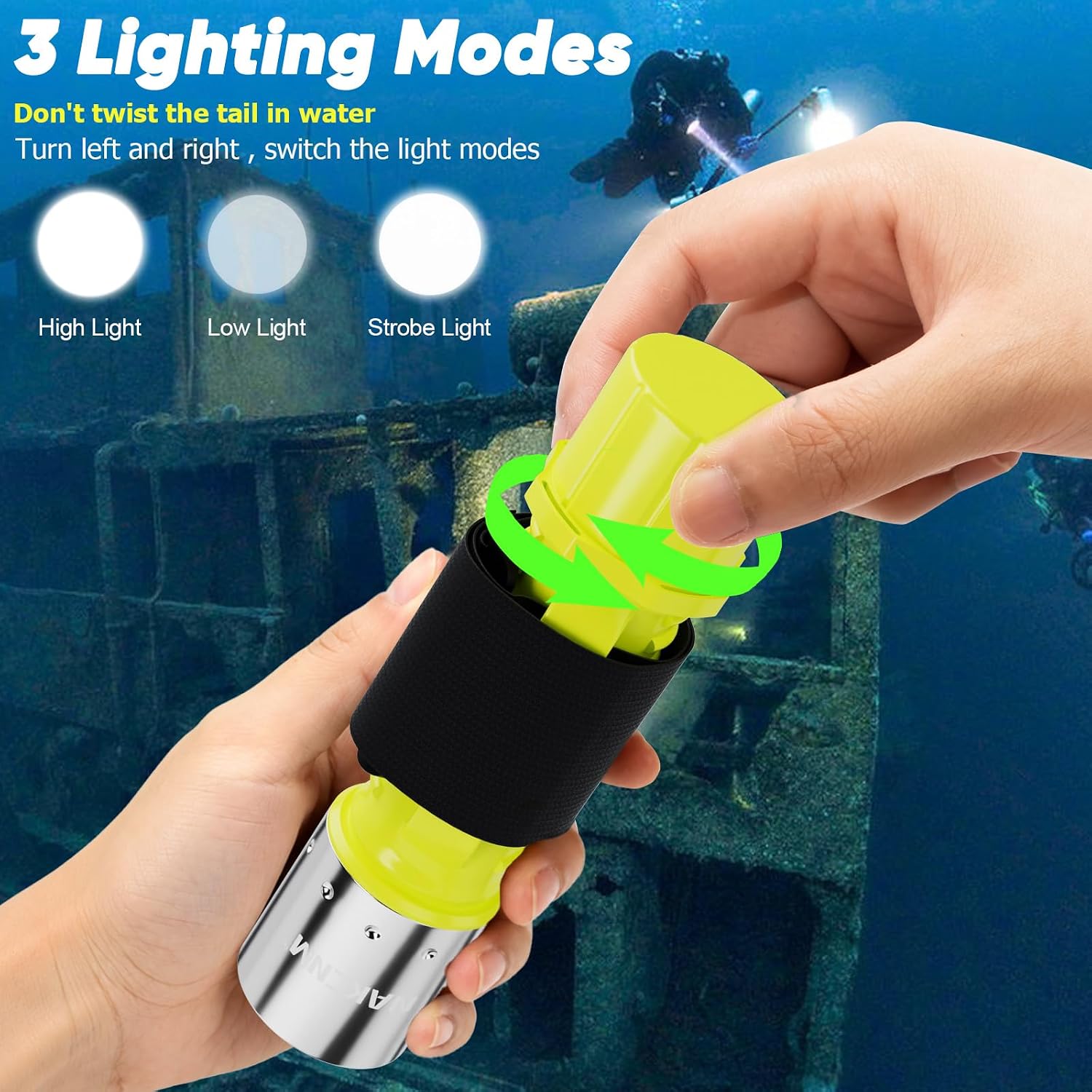 2 Pack Diving Flashlight 3 Modes IPX8 Waterproof Underwater Light