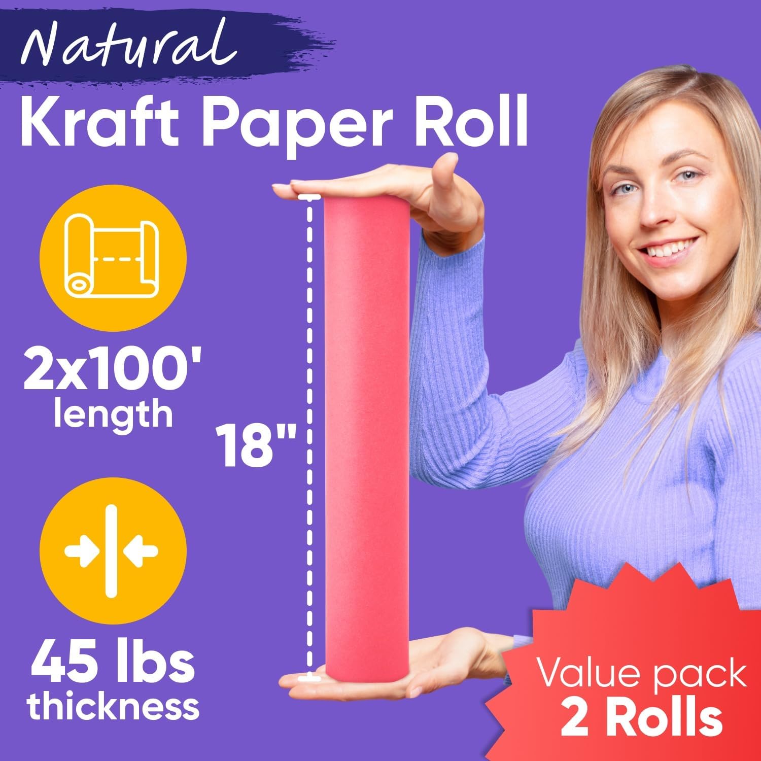 18" x 1200" (100 ft) Pink Kraft Paper Roll - Value Pack of 2, 45 lbs Thickness, Made in USA - Odorless, Non-Toxic, Safe for Kids - School, Bulletin Board Paper