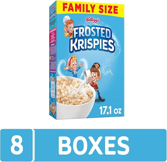 Kellogg's Frosted Krispies Cold Breakfast Cereal, Kids Snacks, Baking Marshmallow Treats, Family Size, Original (8 Boxes)