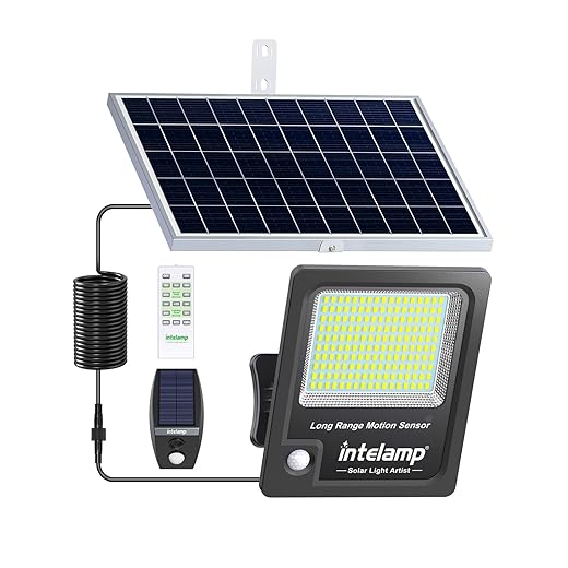 intelamp Solar Flood Lights Outdoor Waterproof, Linkable 12000mAh 3000LM Motion Sensor Floodlight with Remote Control Sensor Case 16.4Ft Cable, Dusk to Dawn Lighting Lamp for Street Outside House