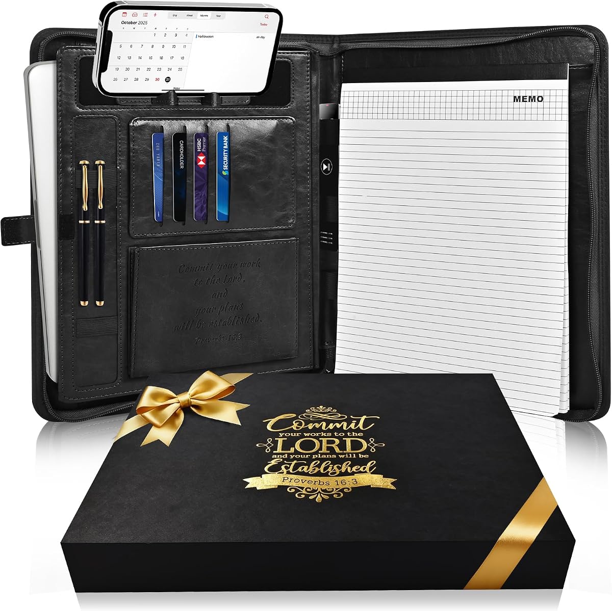 Portafolio de cuero para hombres, regalos religiosos cristianos para hombres con bolsillo para computadora portátil, carpeta con cremallera para mujeres, estuche organizador grande de negocios para cuaderno de la Biblia, bloc de notas, teléfono (negro)