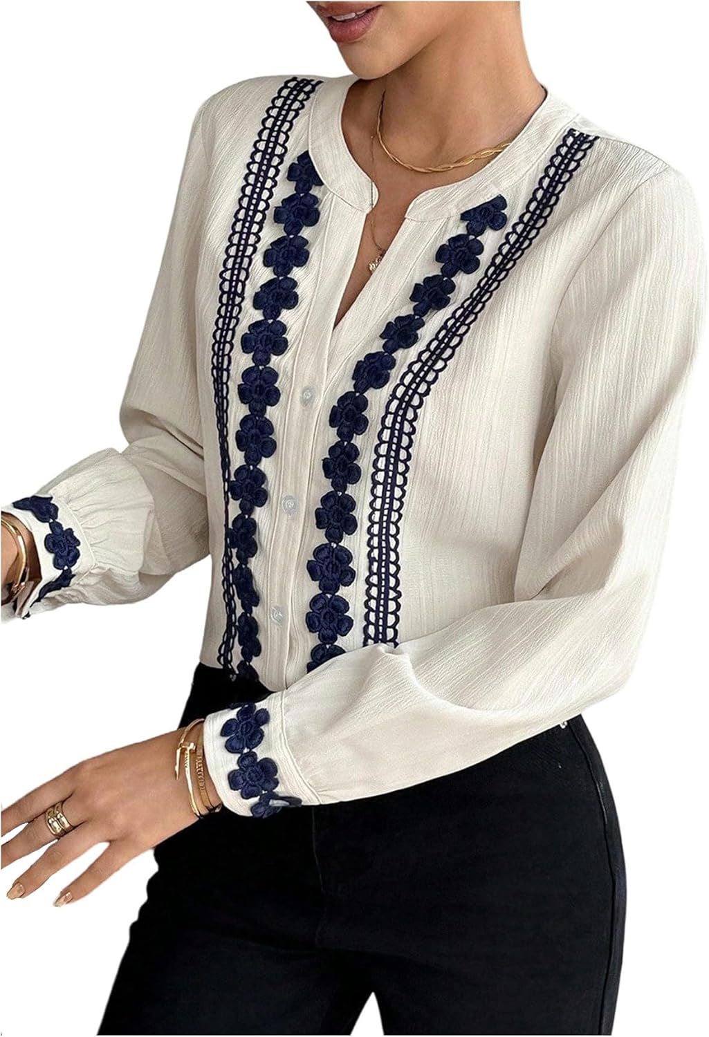 SOLY HUX Women's Floral Long Sleeve Button Down Blouses V Neck Fall Work Shirt Office Tops