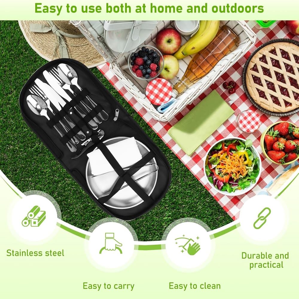 Set di posate da campeggio da 10 pezzi in acciaio inox con coltello, forchetta, cucchiaio + piatto – pieghevole per barbecue, picnic e viaggi (confezione da 20 pezzi Peso singolo: 1,6 kg, misura