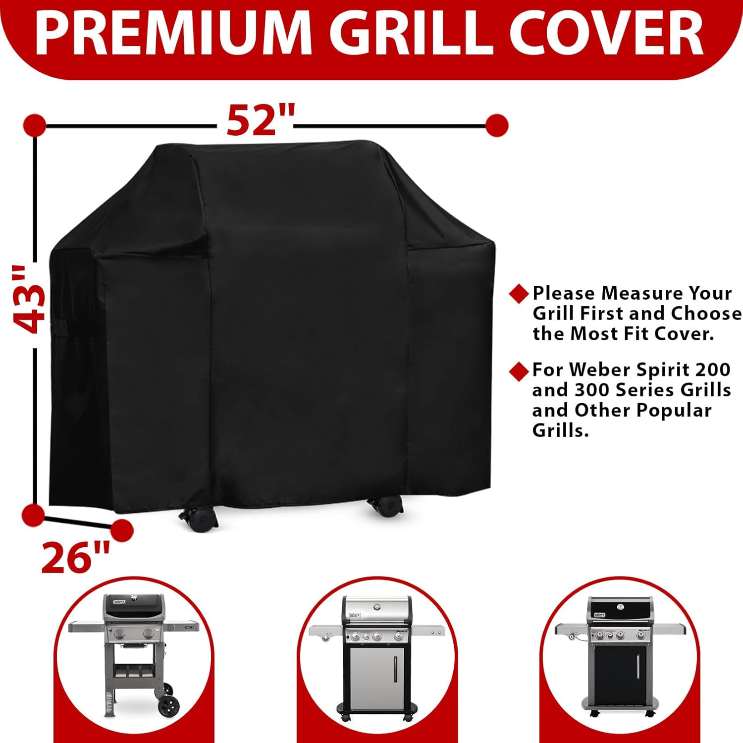 Grill Cover 52 Inch, Waterproof Grill Cover for Outdoor, Compatible with Weber Spirit 200 and 300 Series, Weber Genesis Silver, Dyna Glo, Char Broil, Nexgrill