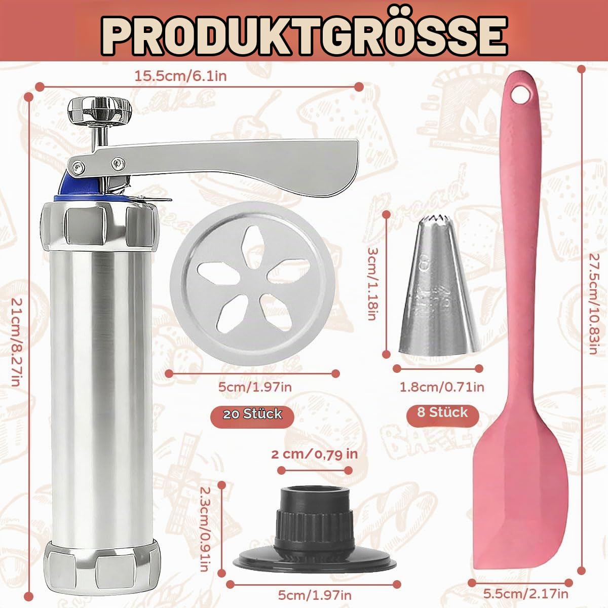 Plätzchenpresse Garnierspritze Edelstahl mit 20 Mustern & 8 Spritztüllen & Teigschaber Plätzchen Spritze Teigspritze Teigpresse für Spritzgebäck Tortendeko Butterkekse Sahne Hobbybäcker