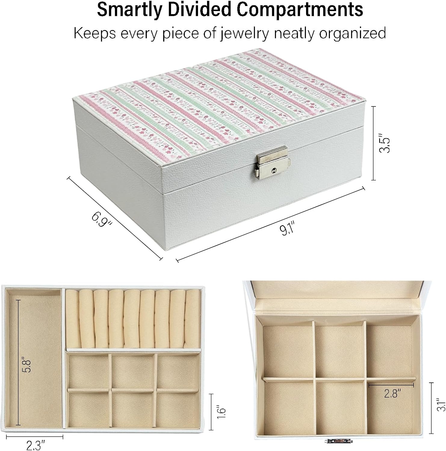 Double Layer Jewelry Box, PU Leather Jewelry Organizer with Lock, Large Capacity for Earrings, Necklaces, Bracelets, Unique Printed Design,Great Gift (Flower)