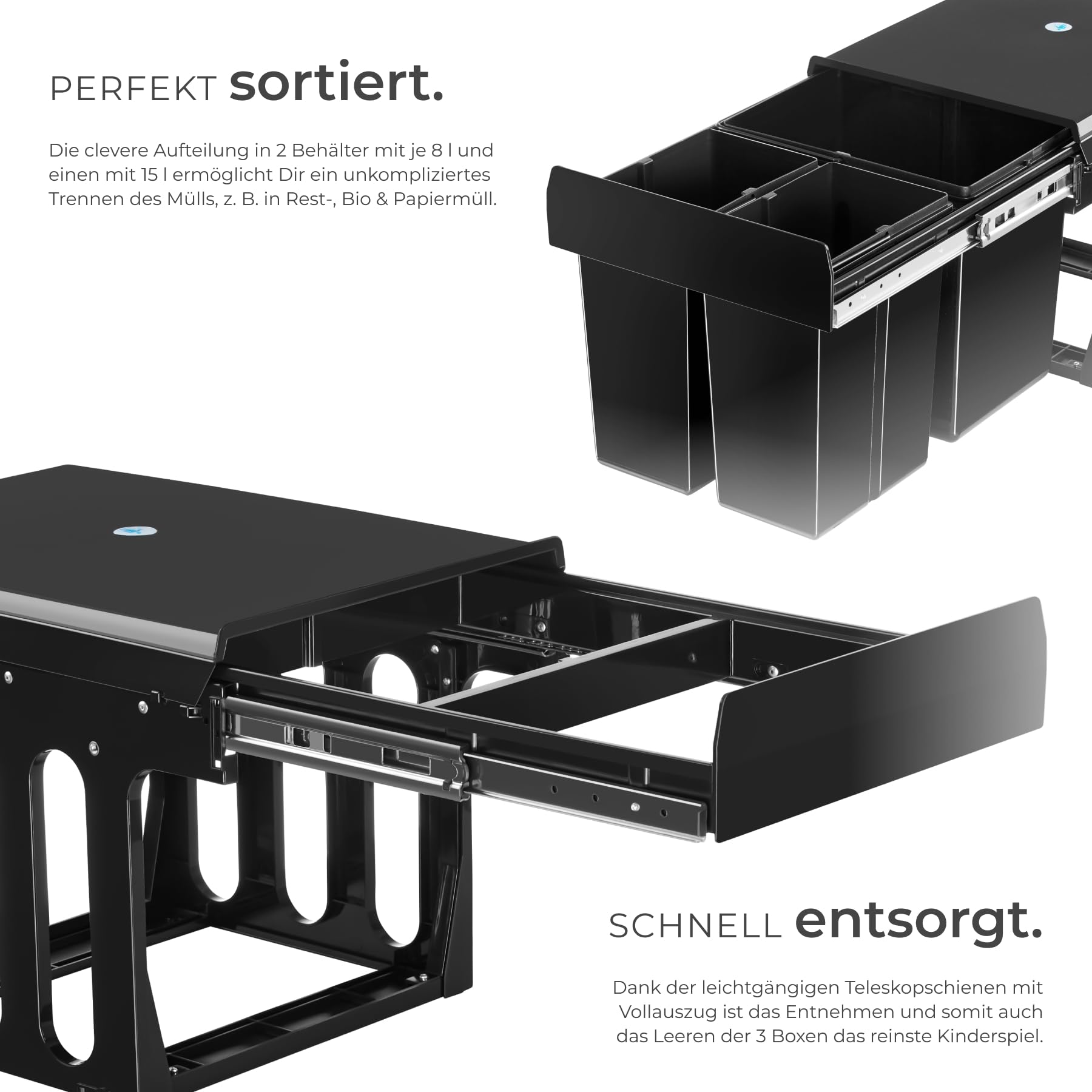 tectake® Abfallsammler, Mülleimer 3 Fächer, Mülltrennsystem Küche, für Schrank, Mülleimer Küche ausziehbar, Einbaumülleimer, Abfalleimer Küche. Mülleimer Küche Unterschrank - 2x 8L + 15L