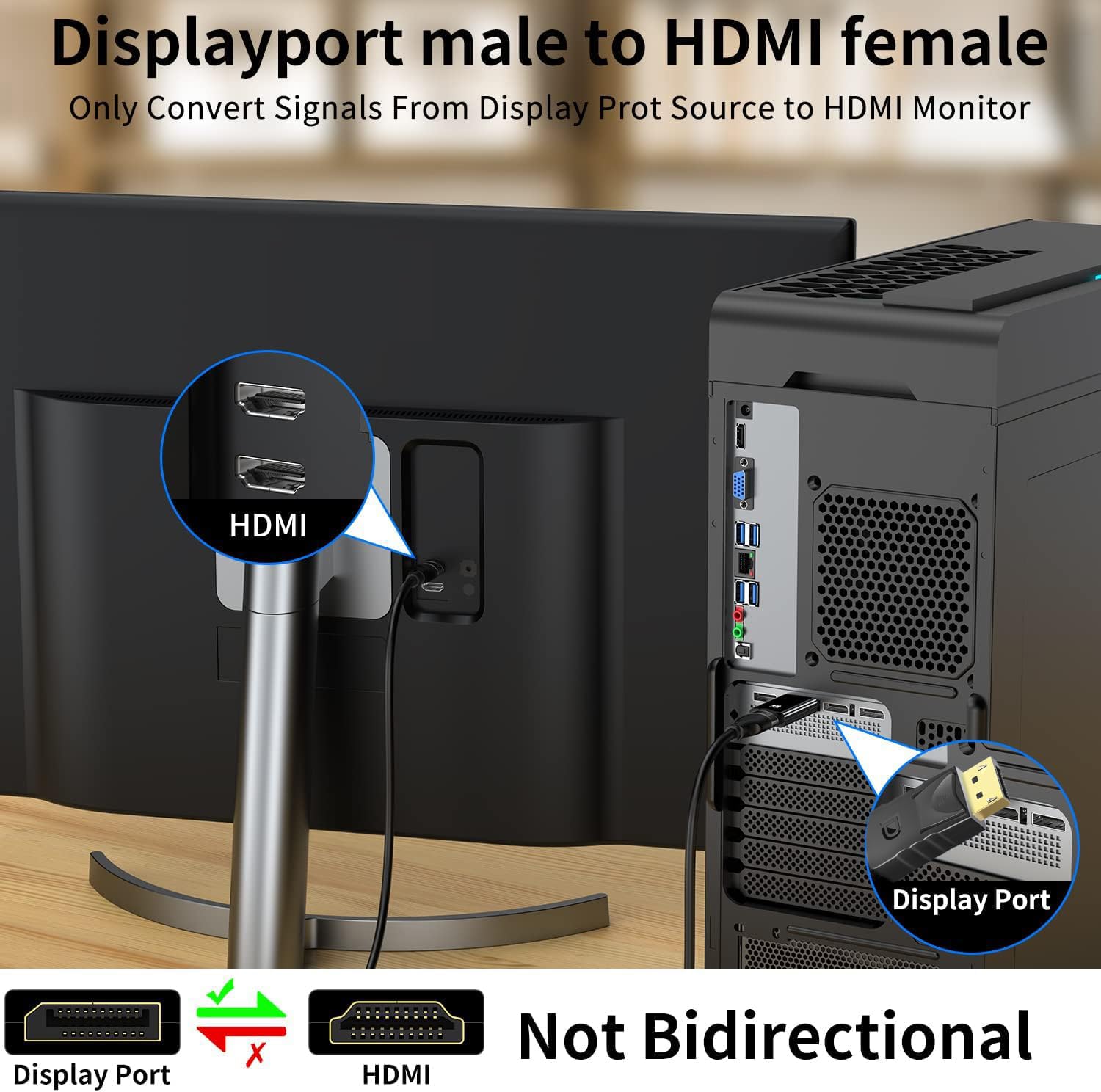 Lot de 2 adaptateurs DisplayPort vers HDMI 1080p 4K unidirectionnel DisplayPort DP vers moniteur HDMI Adaptateur de connexion compatible avec ordinateur portable, PC, moniteur TV, projecteur (2