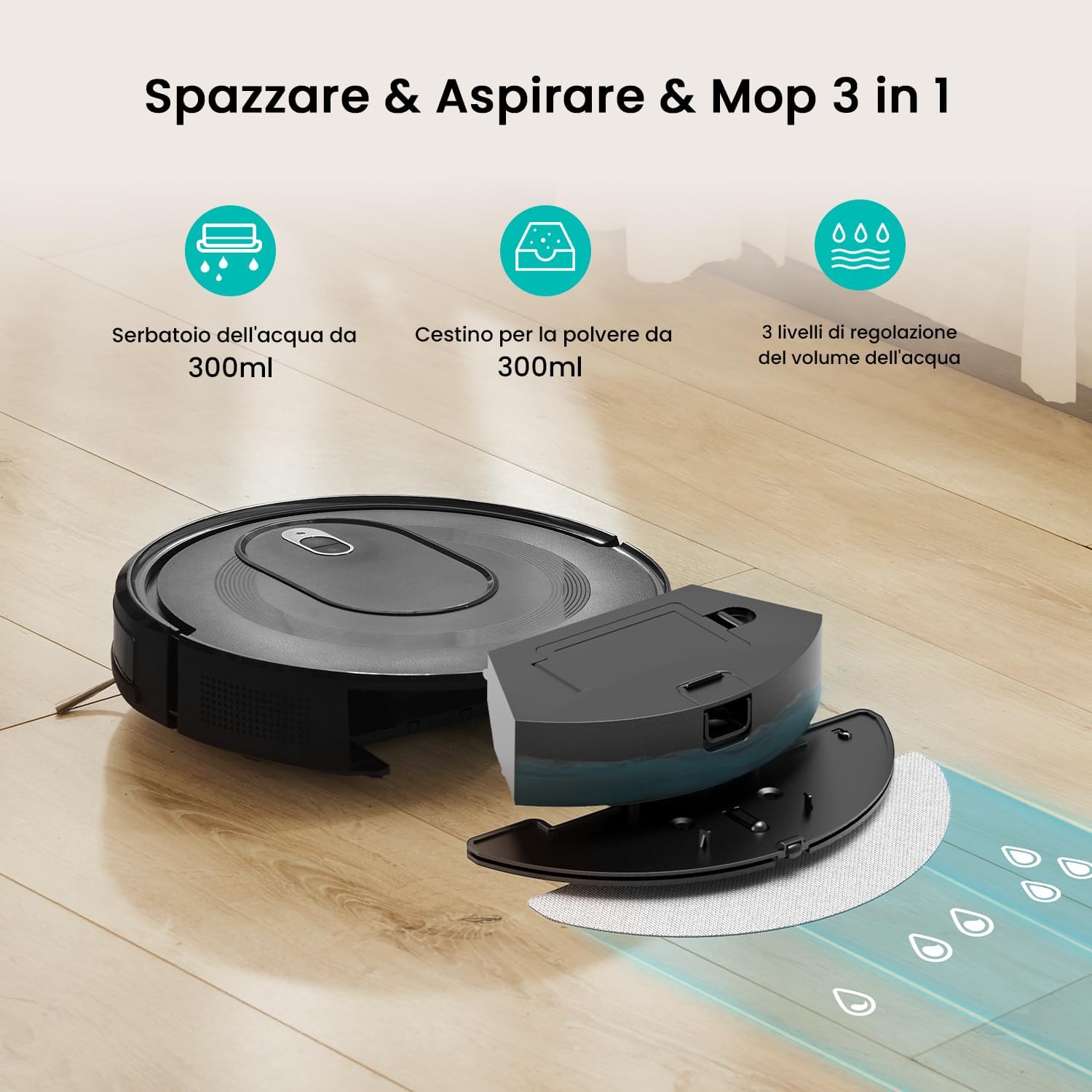 Vexilar W7 robot vacuum showing its 3-in-1 function with a removable water tank, dustbin, and mop pad, illustrating sweeping, vacuuming, and mopping capabilities.