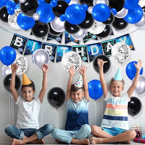Miniatura 7 de Juego de globos de color azul real, negro y plateado metálico, 122 unidades, guirnalda de arco de globos azul real y negro para videojuegos