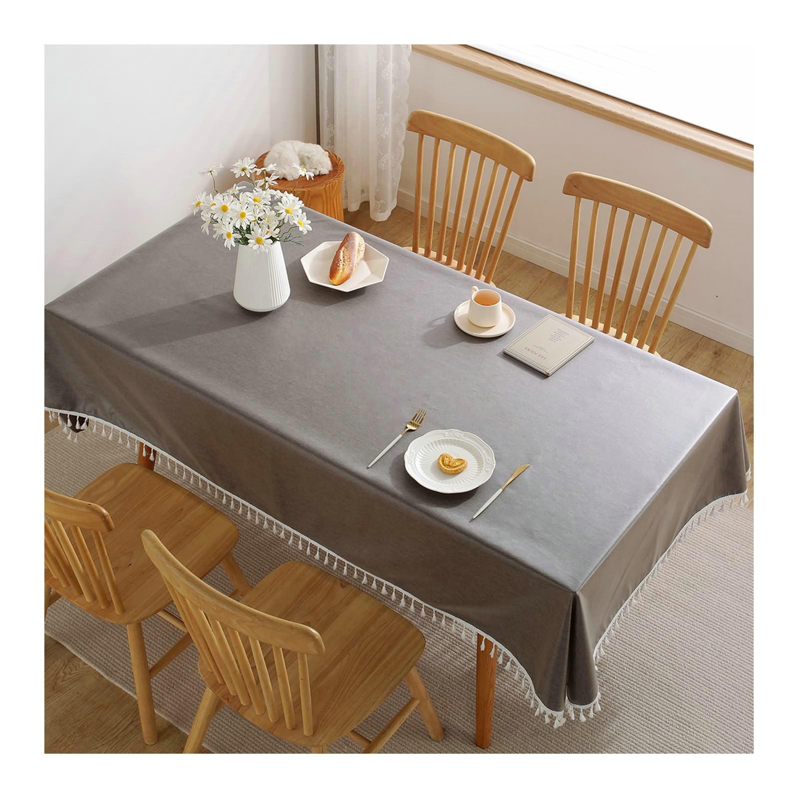 Tovaglia rettangolare, 135 x 180 cm, in poliestere, resistente al calore, tinta unita, con nappe, per uso interno ed esterno