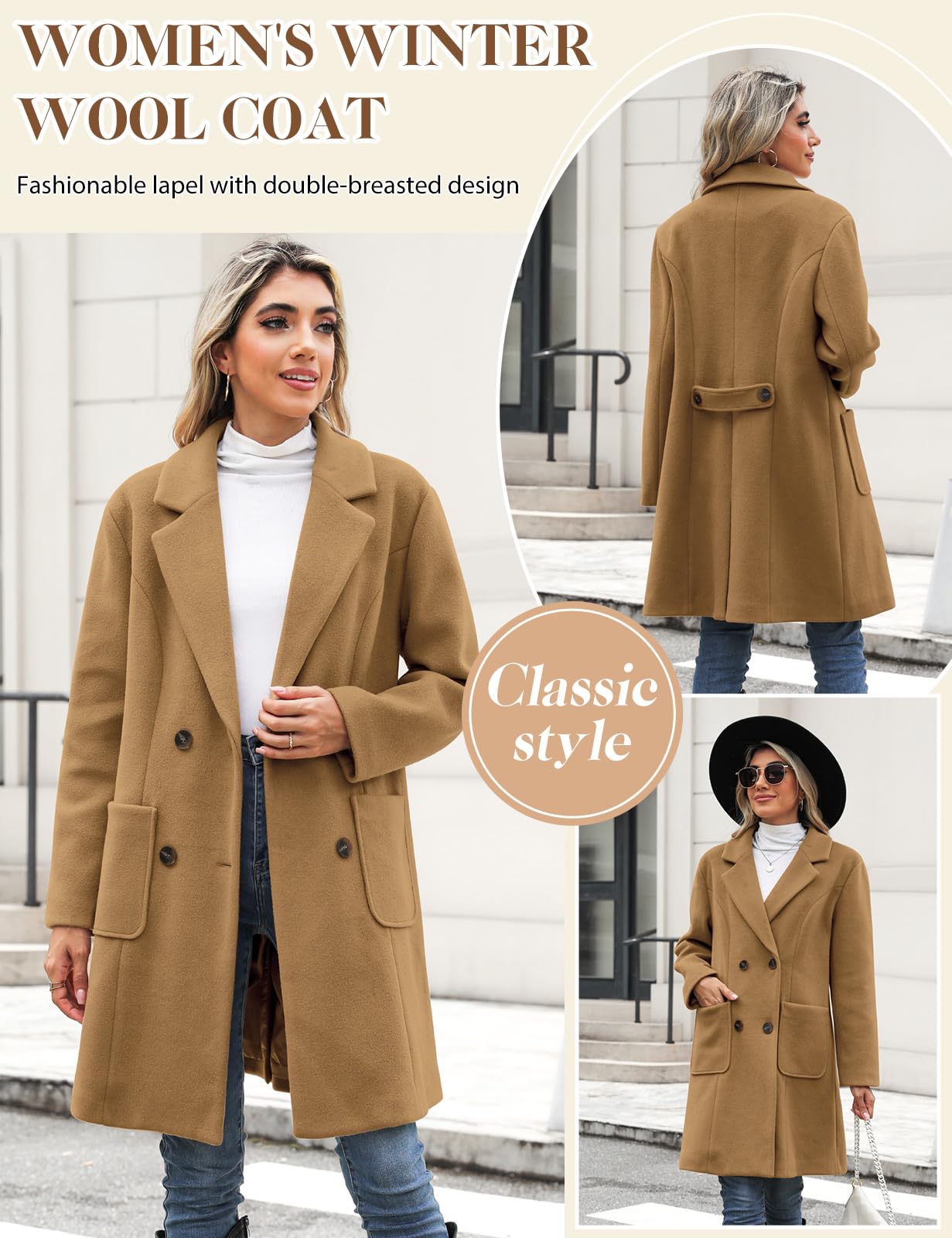 CMTOP Cappotto Donna Invernale Lana Caldo Cappottos Scollo a V Revers Cappotti Invernali Lungo Dritto Doppiopetto Giacca Lana Elegante con Tasche per Autunno Inverno