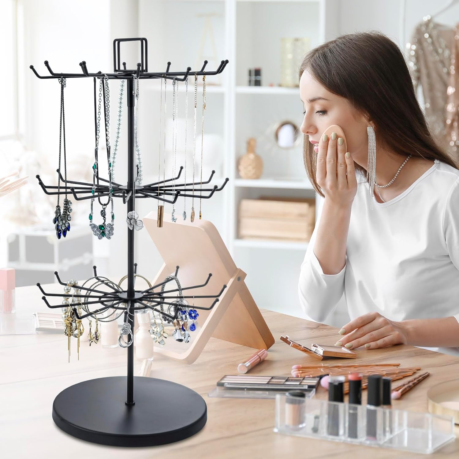 MyGift 3-Tier Matte Black Metal Jewelry Tree Display Stand – 360 Rotating Necklace & Bracelet Organizer Tower with 36 Hooks and Top Sign Holder