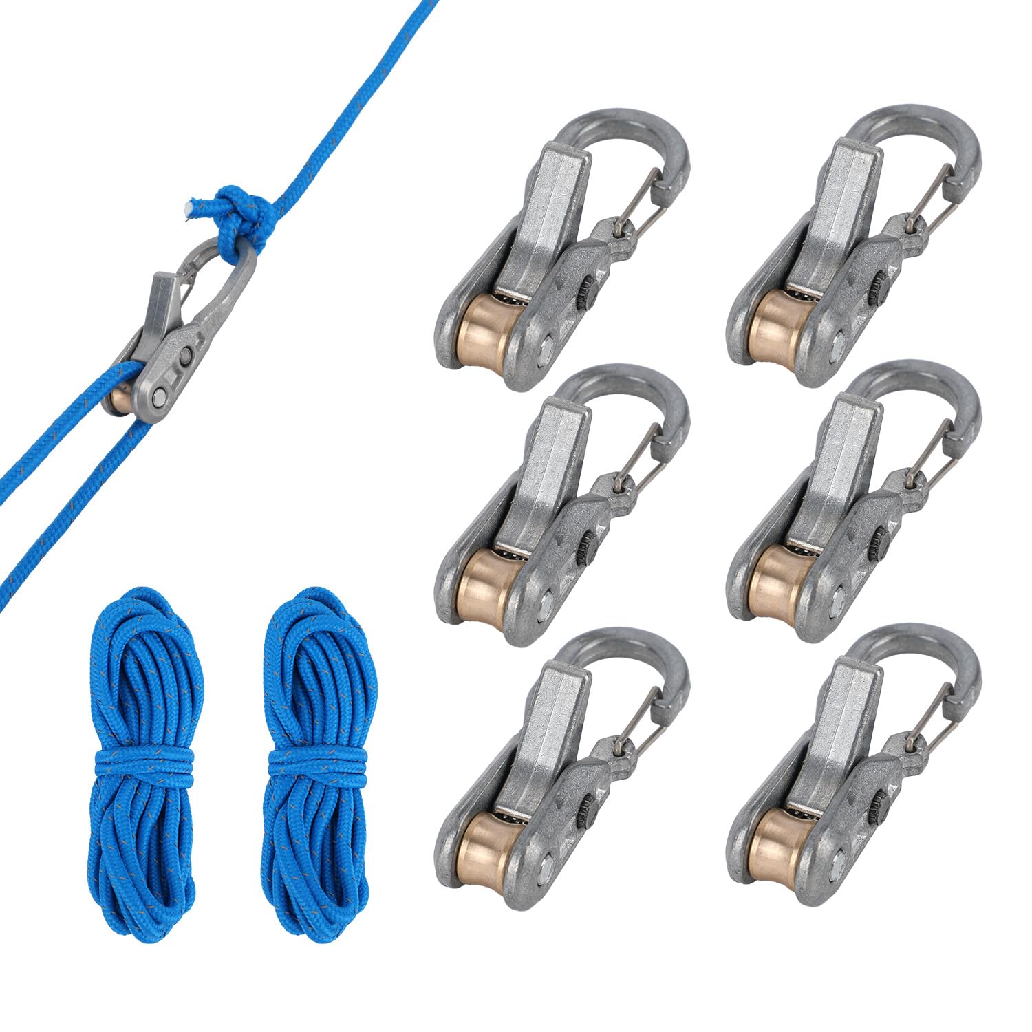 Penitue 6pcs Stainless Steel Paracord Adjusters, Rope with Roller Tensioner & 2pcs 3m/9.8ft Nylon Cord Rope Tightening Tool Fits 3mm/4mm Ropes for Camping Boating Hiking Tarps Guy Lines & Outdoor Gear