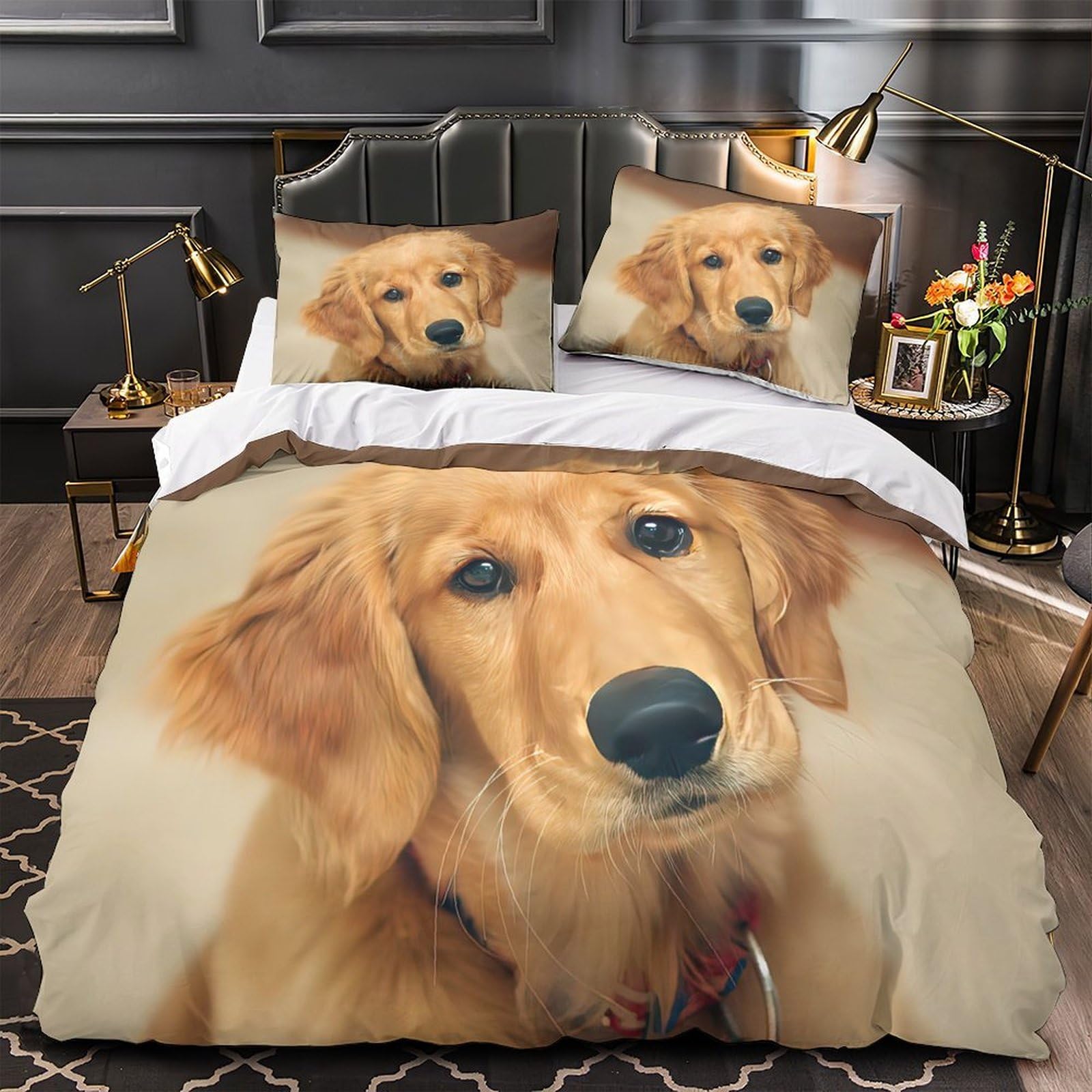 MMDASBVPE Golden Puppy Quilt Cover 3D Print Ultra Soft 3PCs Bed Linen Hidden Zipper Cute Pet Portrait Duvet Cover Luxury All Season for Adults Teens Women Kids Girls Boys Youth Double（200x200cm）