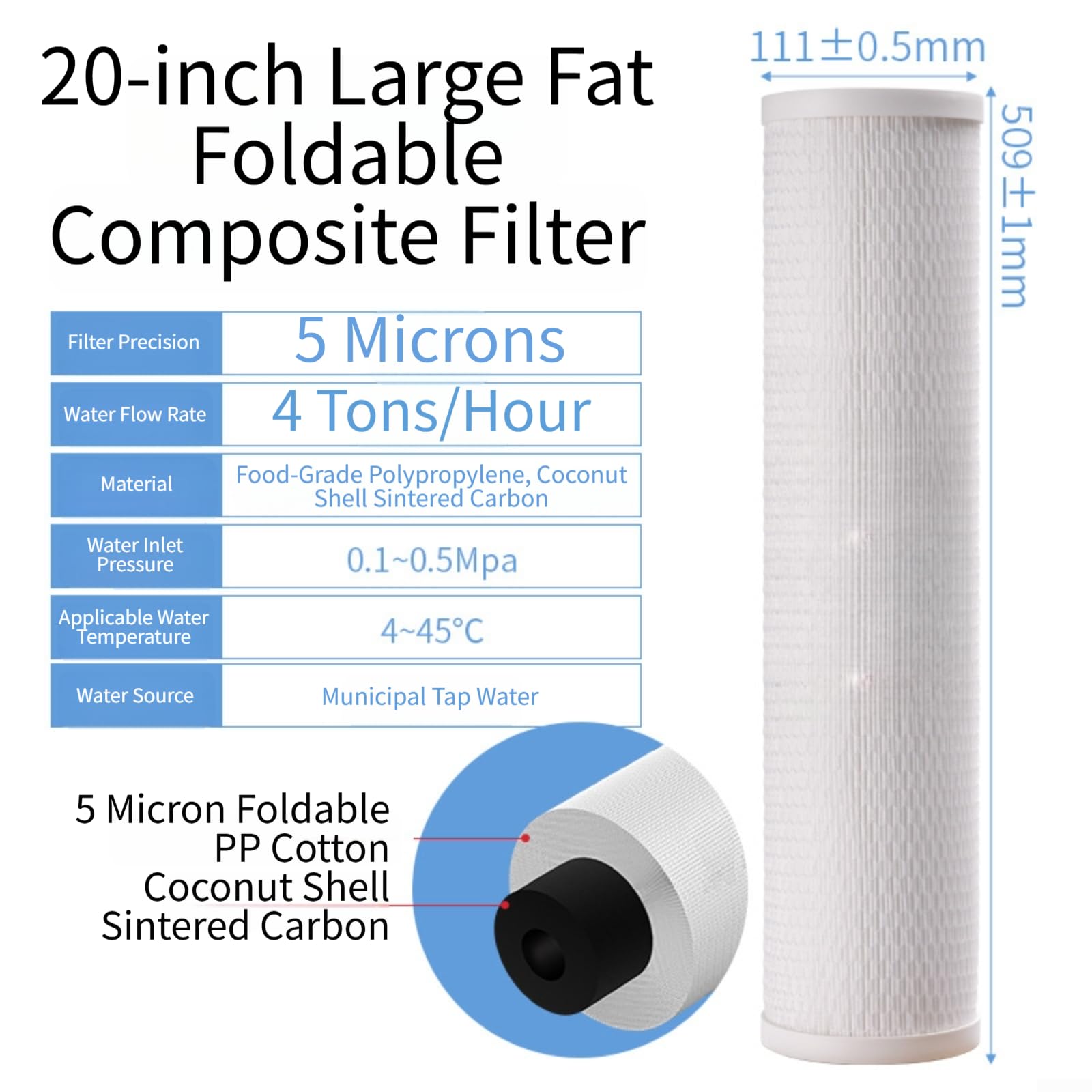 Cartouche Filtrante 10 Pouces pour coton PP - Réduit Calcaire pour chlore pour Machine à Café - Filtration 5 Microns Débit Élevé(B)