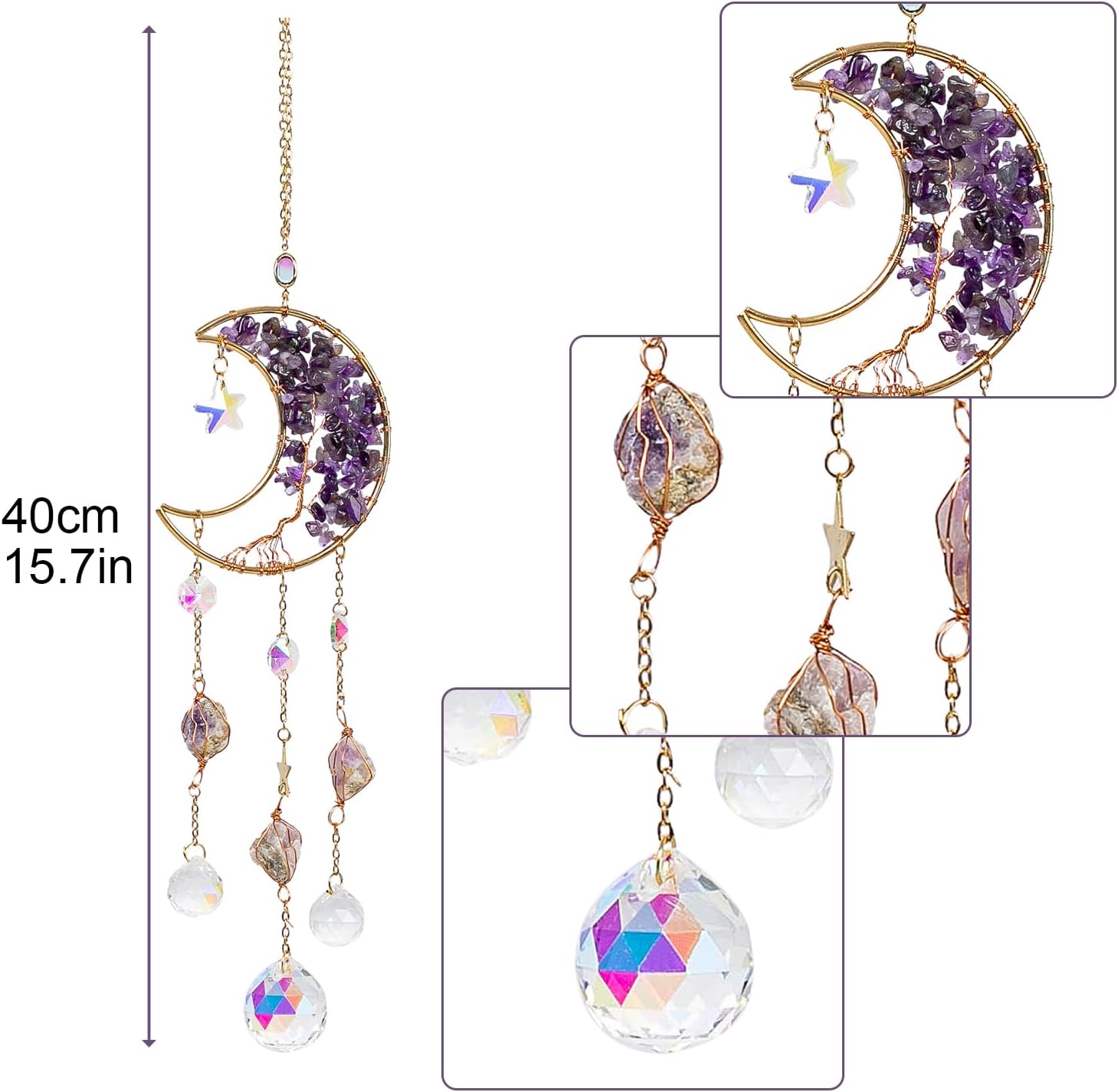 TUOKING Amethyst Crystal Moon Suncatchers for Window Hanging Tree of Life Natural Healing Stones Wind Chimes Sun Catcher Rainbow Maker Good Luck Gifts Decor for Home Garden