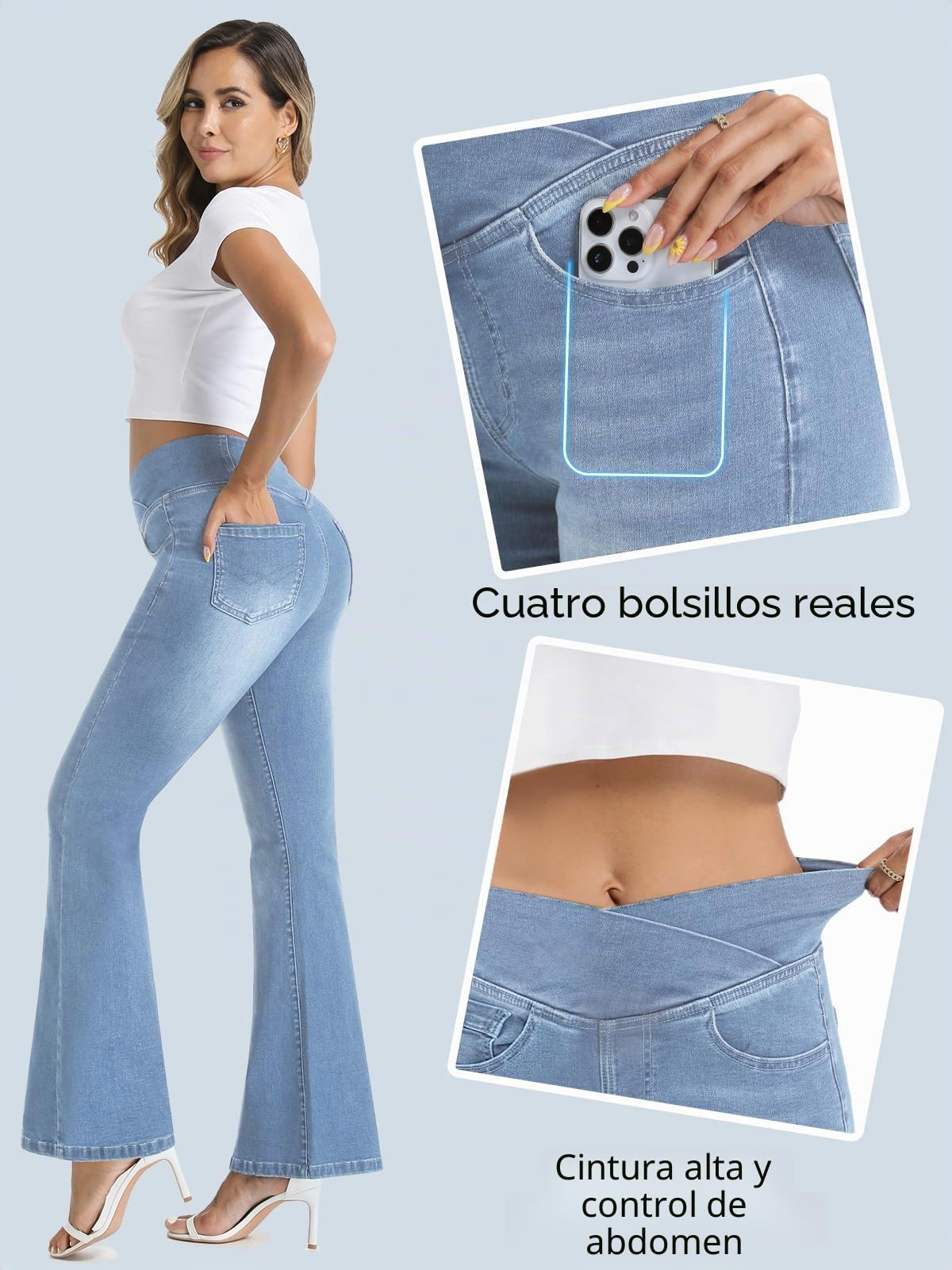VX VONXURY Vaqueros Elásticos Mujer Acampanados Cintura Alta Lavado Push Up Levanta Glúteos Control Abdominal Pantalon Campana Mujer con 4 Bolsillo
