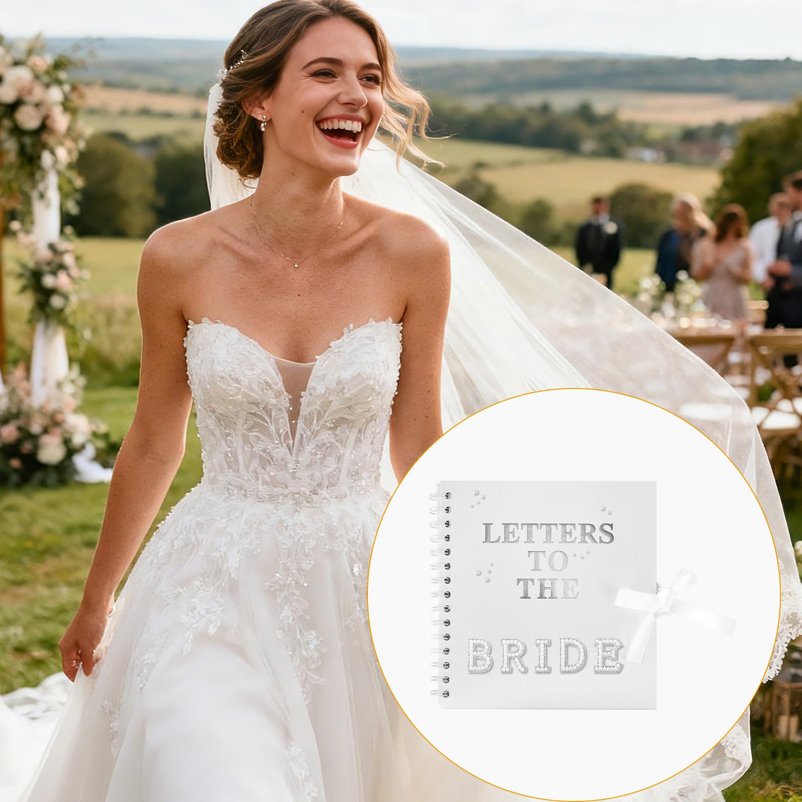 Penitue 21x20,5cm Kit Scrapbook Letters to the Bride, Libro Ricordi Nozze Libro degli Ospiti Bianco Sposa Album Fotografico con Adesivi Lettere Metalliche e Perle e Fiocchi Regalo Bridal Shower