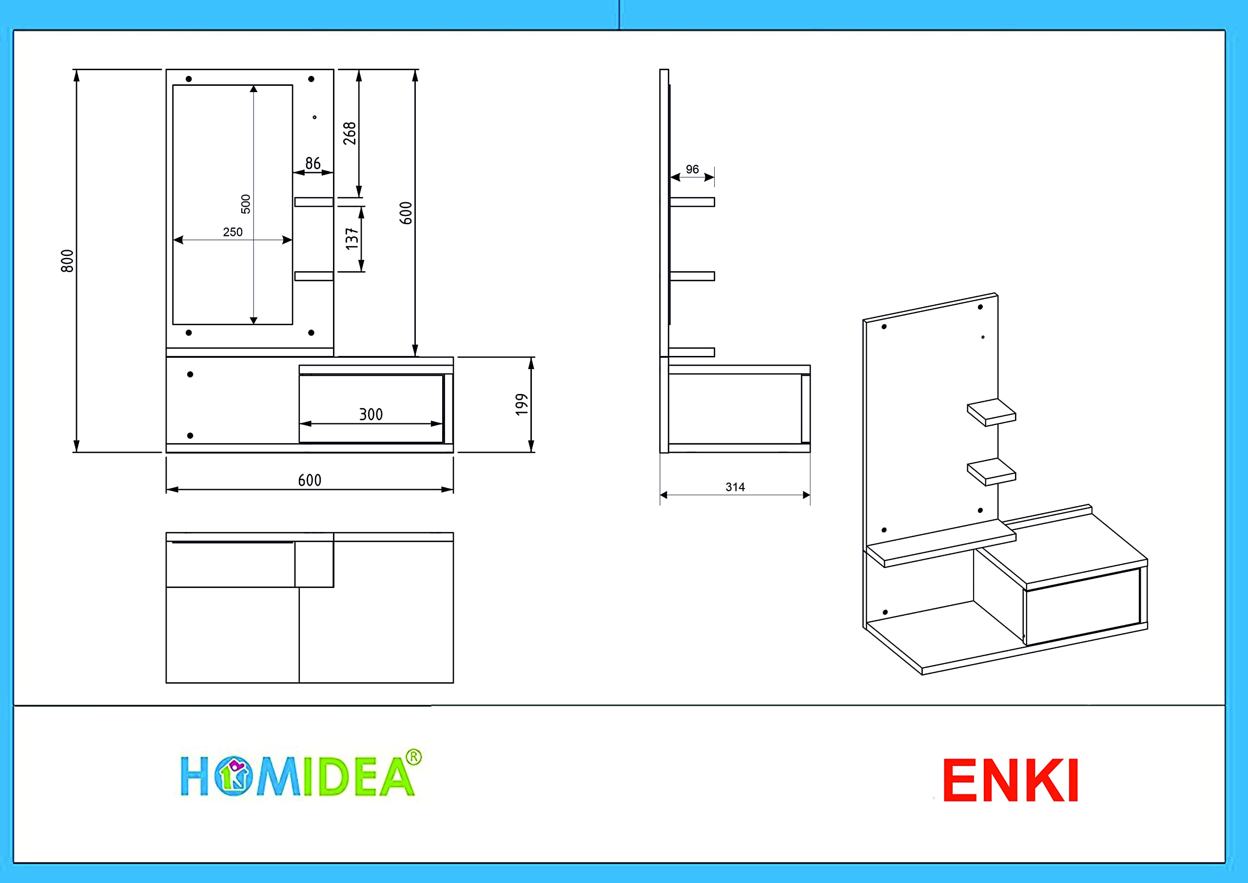 HOMIDEA ENKI Mobile sospeso per corridoio - Armadio con specchio - Armadio a parete per ingresso con cassetto, specchio e ripiano dal design moderno (bianco/bianco)