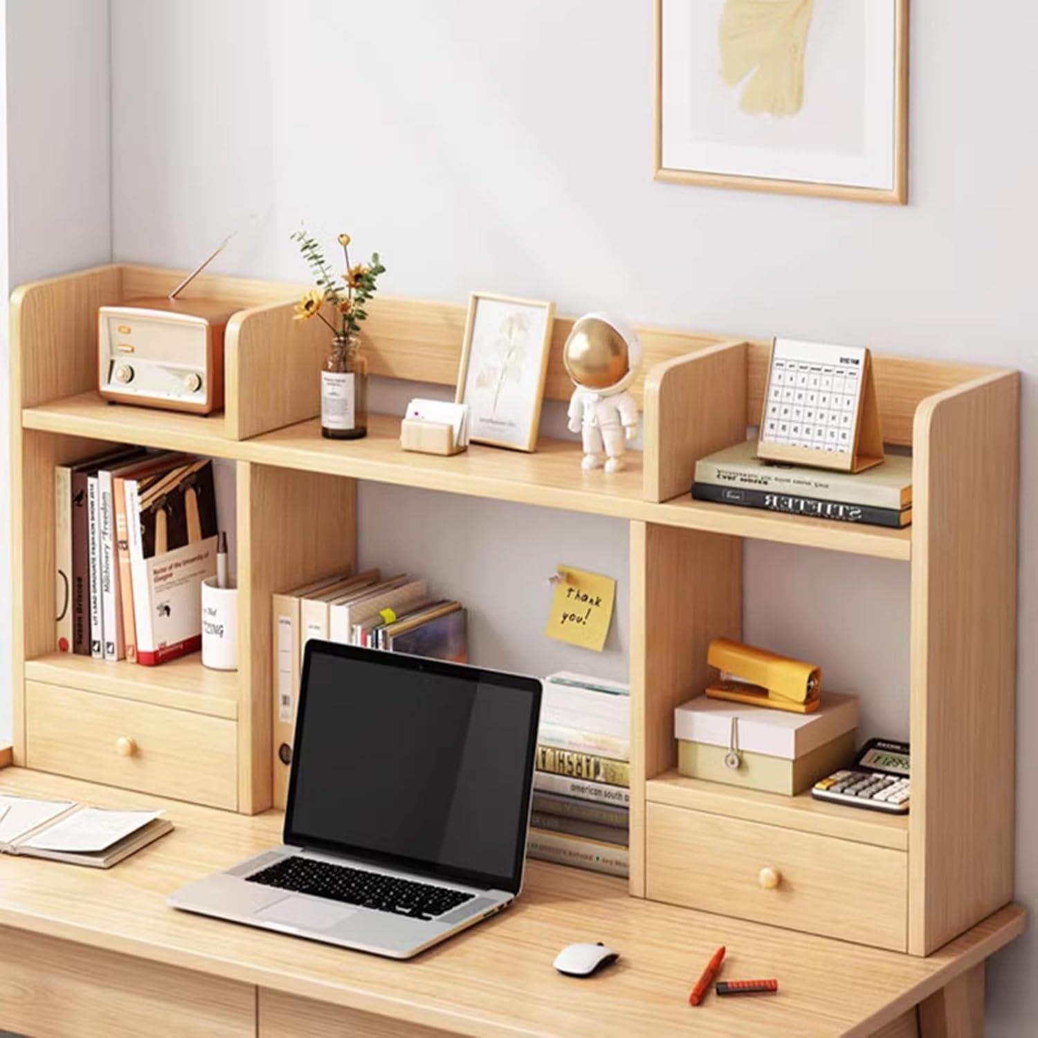 Schreibtisch-Bücherregal aus Holz mit 2 Schubladen und 5 Regalen, freistehender Schreibtischstall, stilvoller brauner Aufbewahrungs-Organizer für Zuhause, Büro, Wohnzimmer, Arbeitszimmer (Holzfarbe