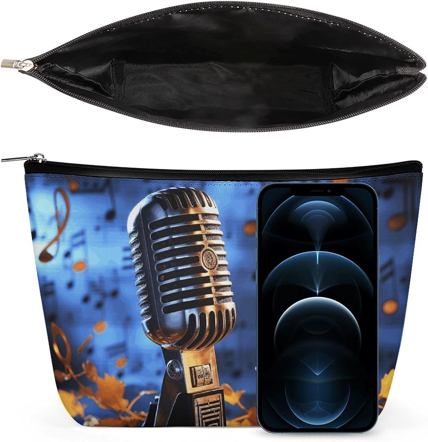 Waterproof Travel Makeup Bag Case Organizer, PU Leather Microphone with Music Notes Cosmetic Bags, Small Toiletry Case Cute, Portable Zipper Pouch for Women Men, Travel Accessories image 3