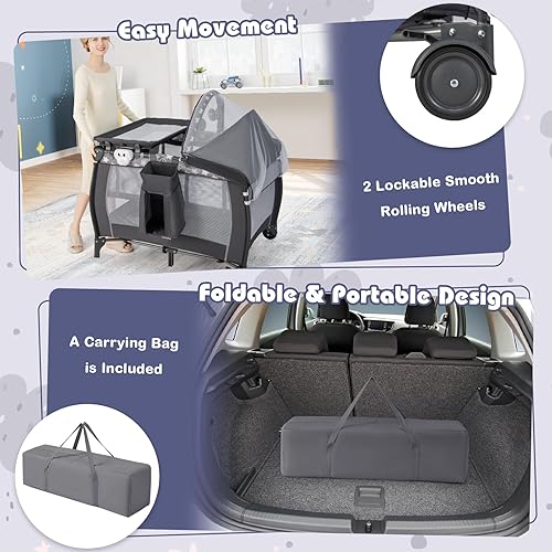 Miniatura 7 de HONEY JOY Empaca y juega con moisés, 4 en 1 portátil para bebé con cambiador, red y juguetes lindos, bolsa de almacenamiento de pañales, caja de