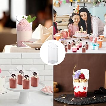Eidoct 50-Pack 75ml Angled Dessert Cups with Spoons - Reusable Hard Parfait Cups for Cheesecake, Pudding, Mousse, Trifles, Jelly & Tiramisu | Clear Round Serving Bowls for Party & Catering