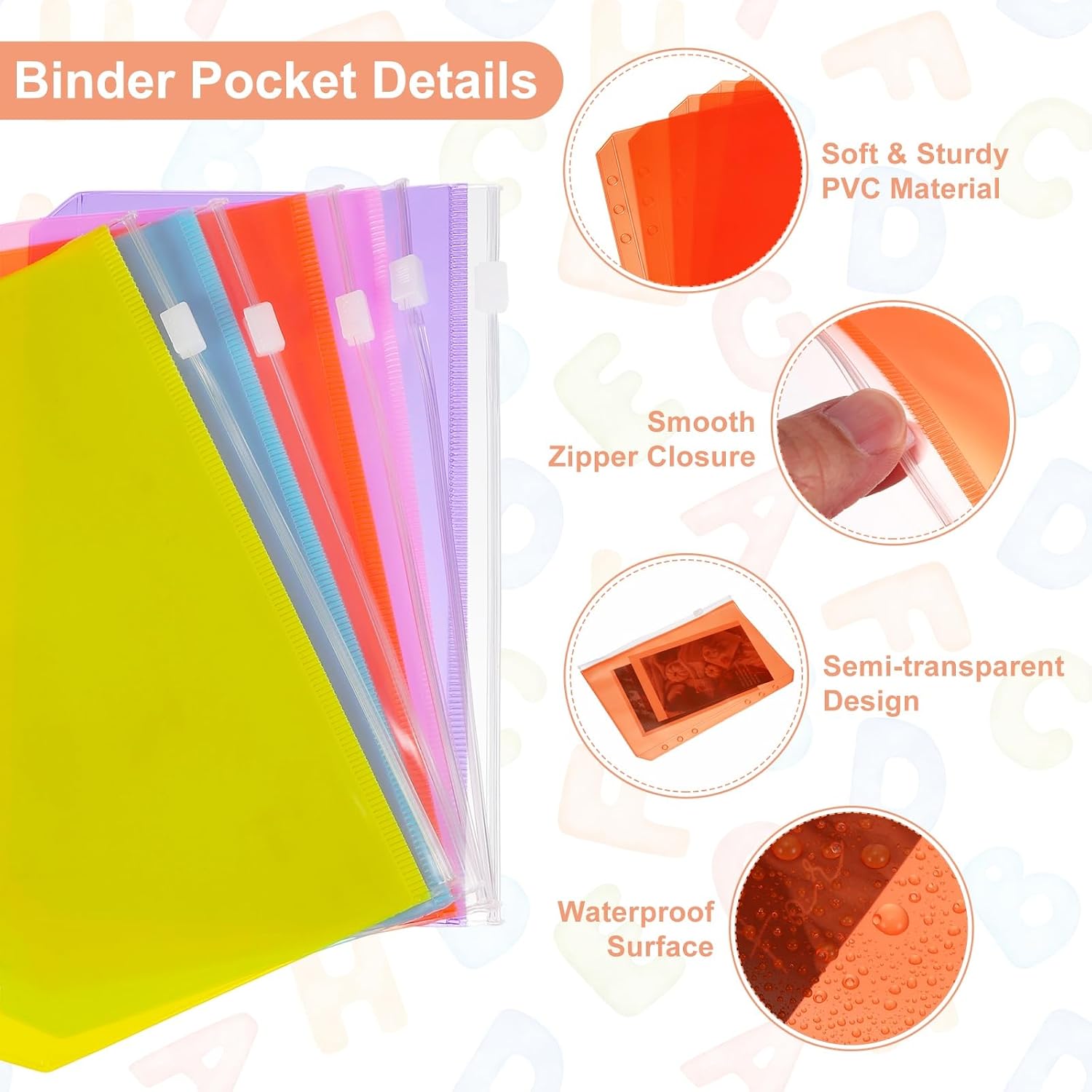 PATIKIL 10Pcs A6 Plastic Binder Zipper, Binder Pockets Clear Envelope Folders Planner, Waterproof Zipper Money Organizer for Stuffing Home Office Stuffing Study Notes Sticky, Orange image 3
