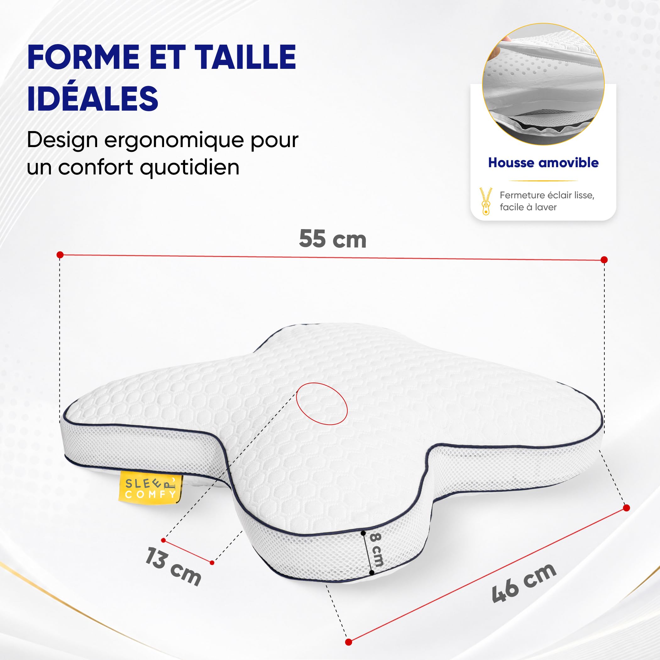 SLEEP COMFY Premium Oreiller Memory Foam, Cervical Mousse à Mémoire de Forme pour Le Soulagement des Douleurs OEKO-TEX Oreiller Orthopédique Ergonomique pour Les Dormeurs sur Le Côté Le Dos, Le Ventre