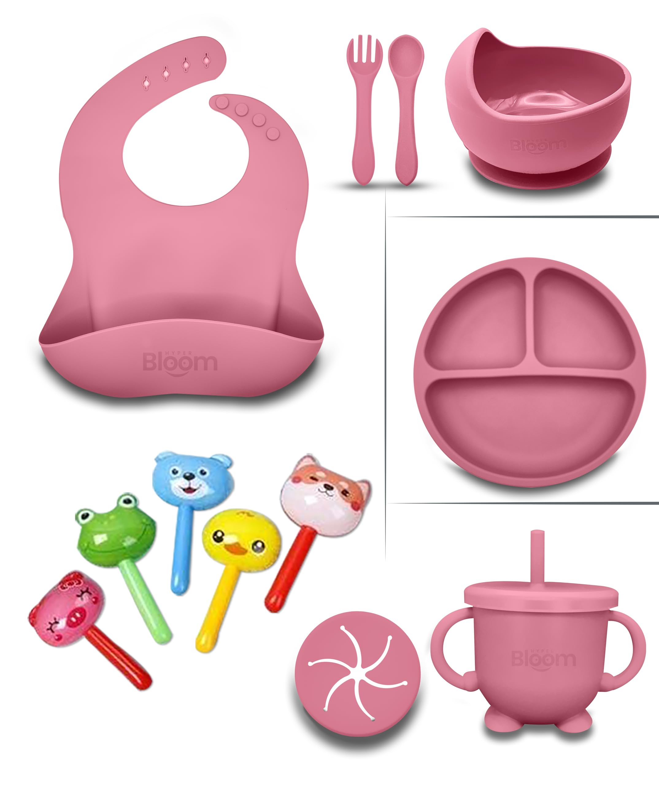 8 Pc Premium Silicone Baby Feeding Set, Baby Led Weaning Supplies, Toddler Self Feeding Set, Suction Bowl and Plate, Cup, Bib, Spoon & Fork, Eating Utensils for 6+ Months (Baby Pink)
