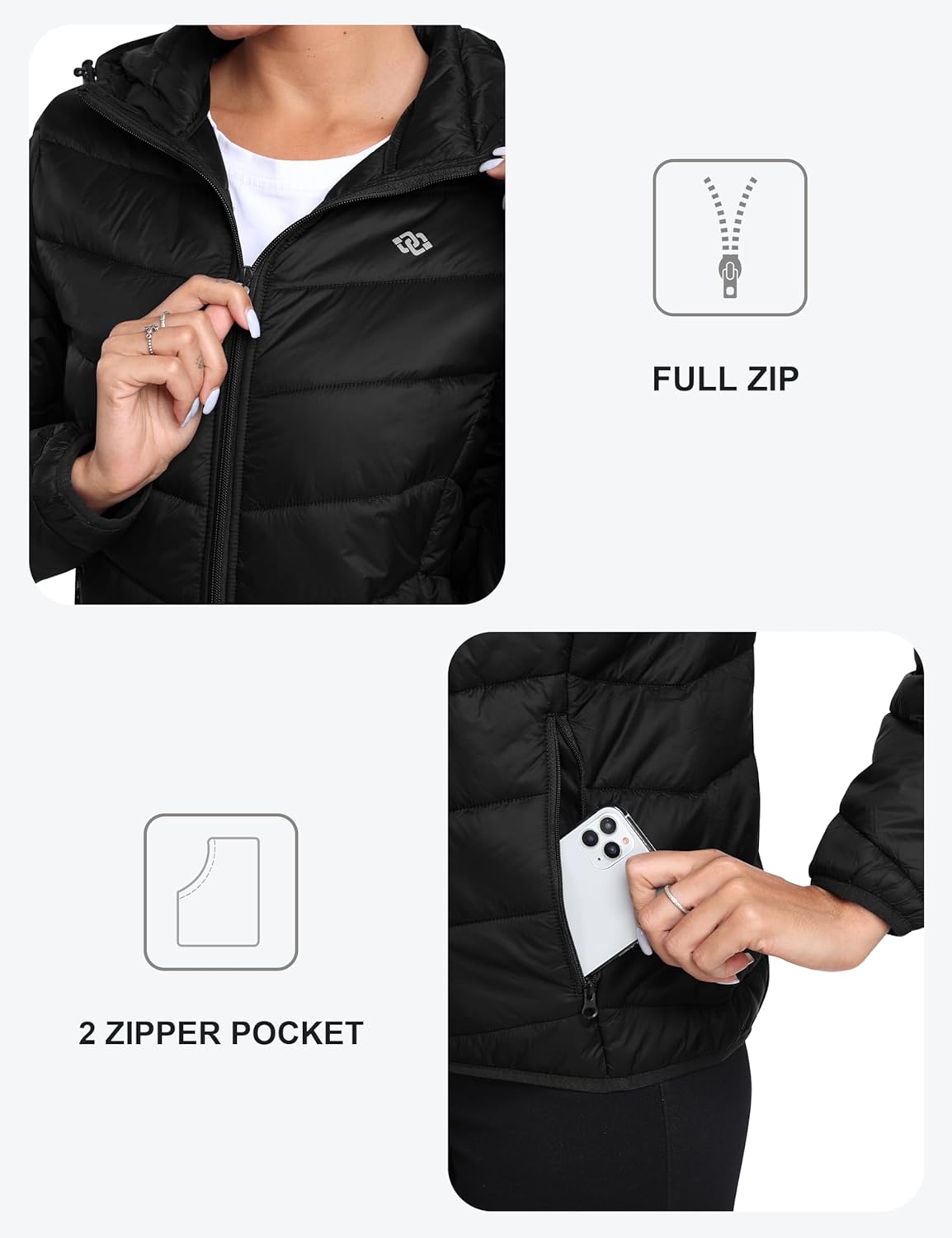 MoFiz Women's Hooded Puffer Jacket Lightweight Quilted Coat 4 Pockets Full Zip Winter Warm Outerwear - Image 4