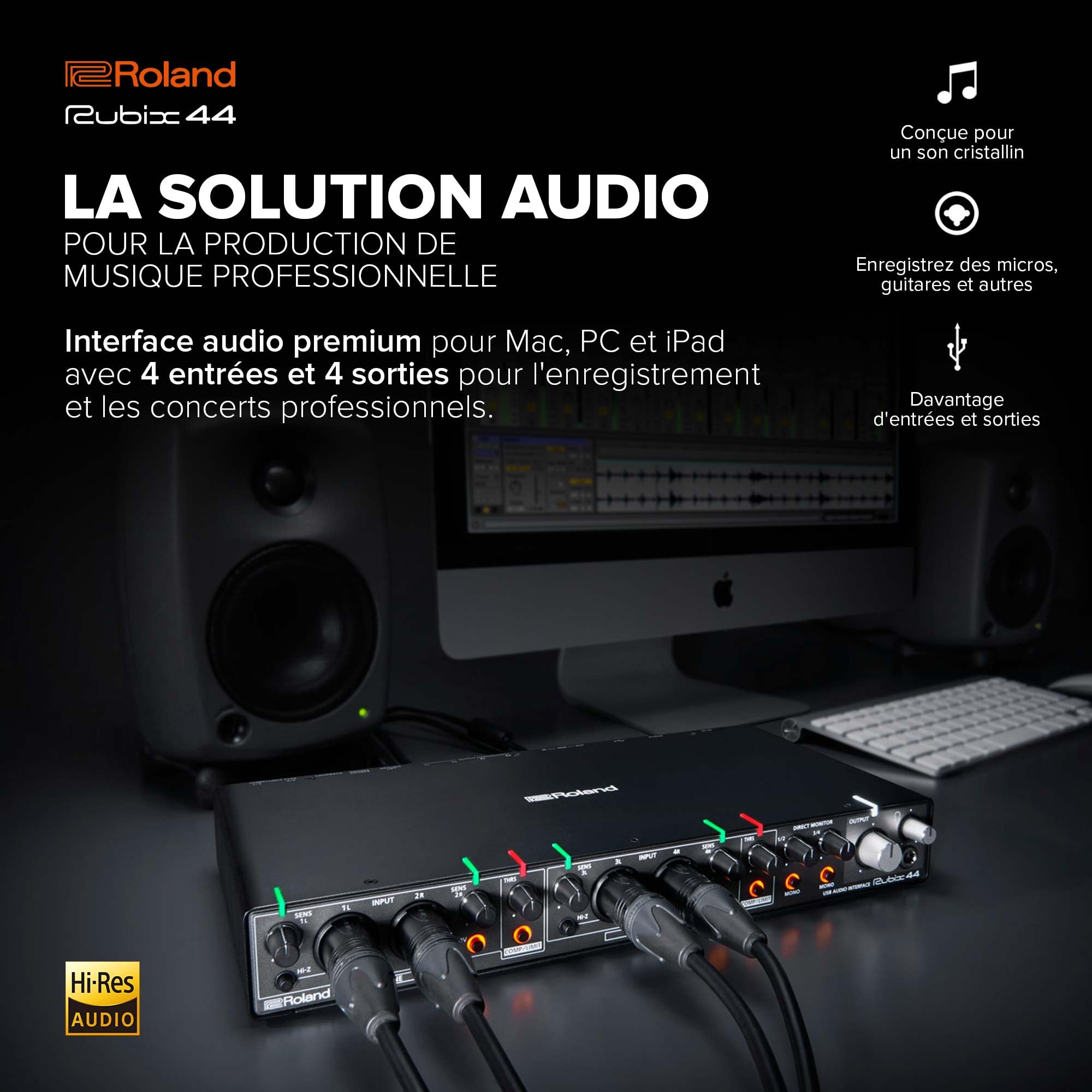 Interface audio USB Roland Rubix44 4 In-4 Out | Son haute résolution | Enregistrement de micros, guitares, claviers et autres | Compacte & robuste | Compatible Mac, PC & iPad