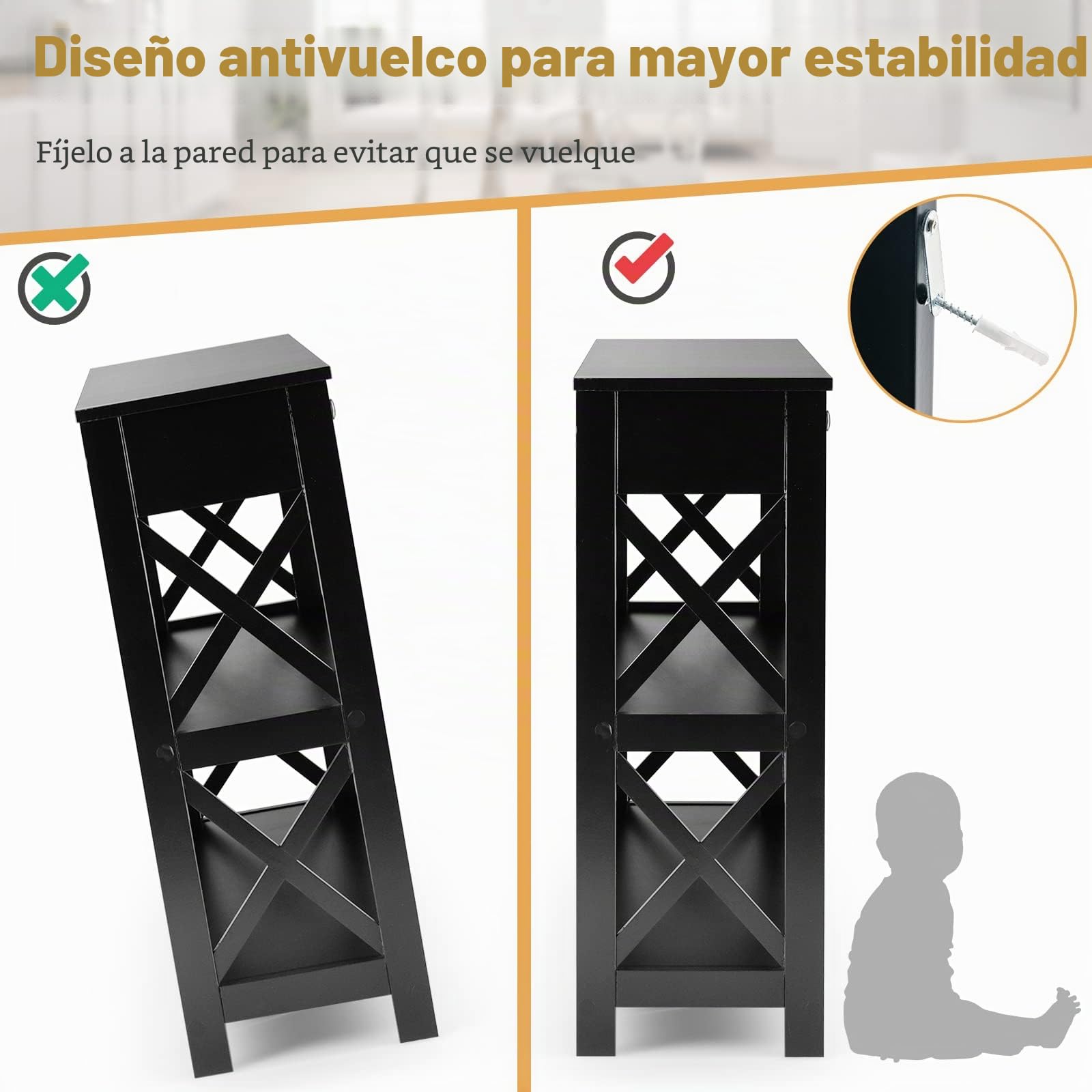GIANTEX Mesa de Consola de 3 Niveles con Cajón y 2 Estantes Abiertos, Mesa de Entrada con Kit Antivuelco, 100 x 30 x 80 cm, Estantería de Almacenamiento para Salón, Pasillo (Negro)