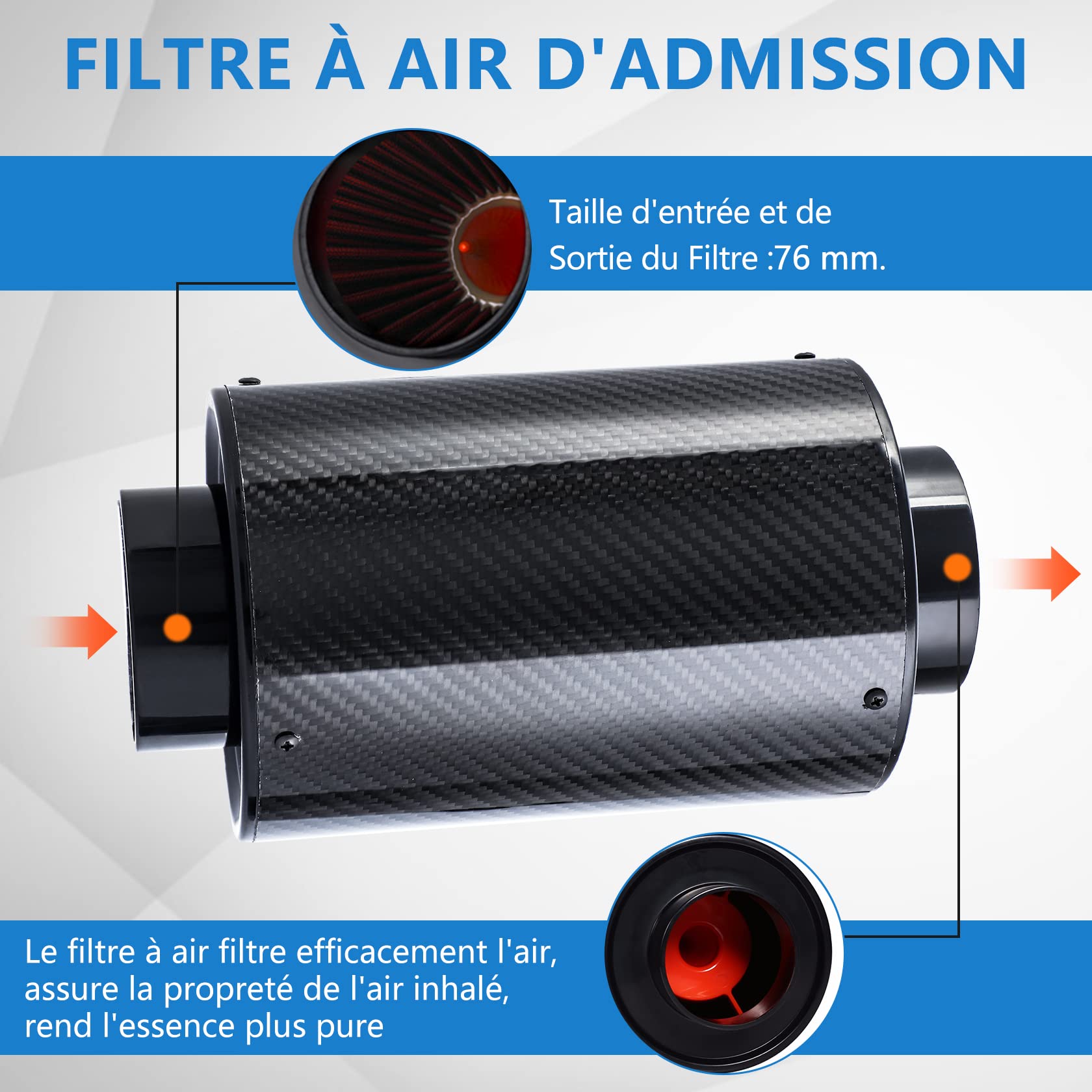 CarBole Filtre à Air Froid, 76mm, Tuyau Rétractable jusqu'à 225mm