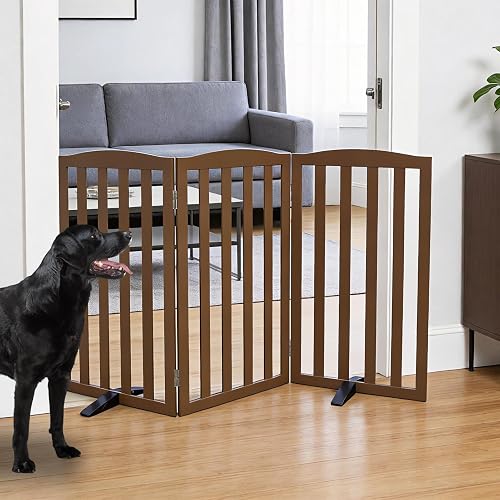 ZJSF Foldable Freestanding Indoor Dog Gate for House Wood Long Pet Gates Dog Fence for Stairs Puppy Gates for Hallways, Puppy Gate,Support Feet Included, Brown, 32 "Height-3 Panels