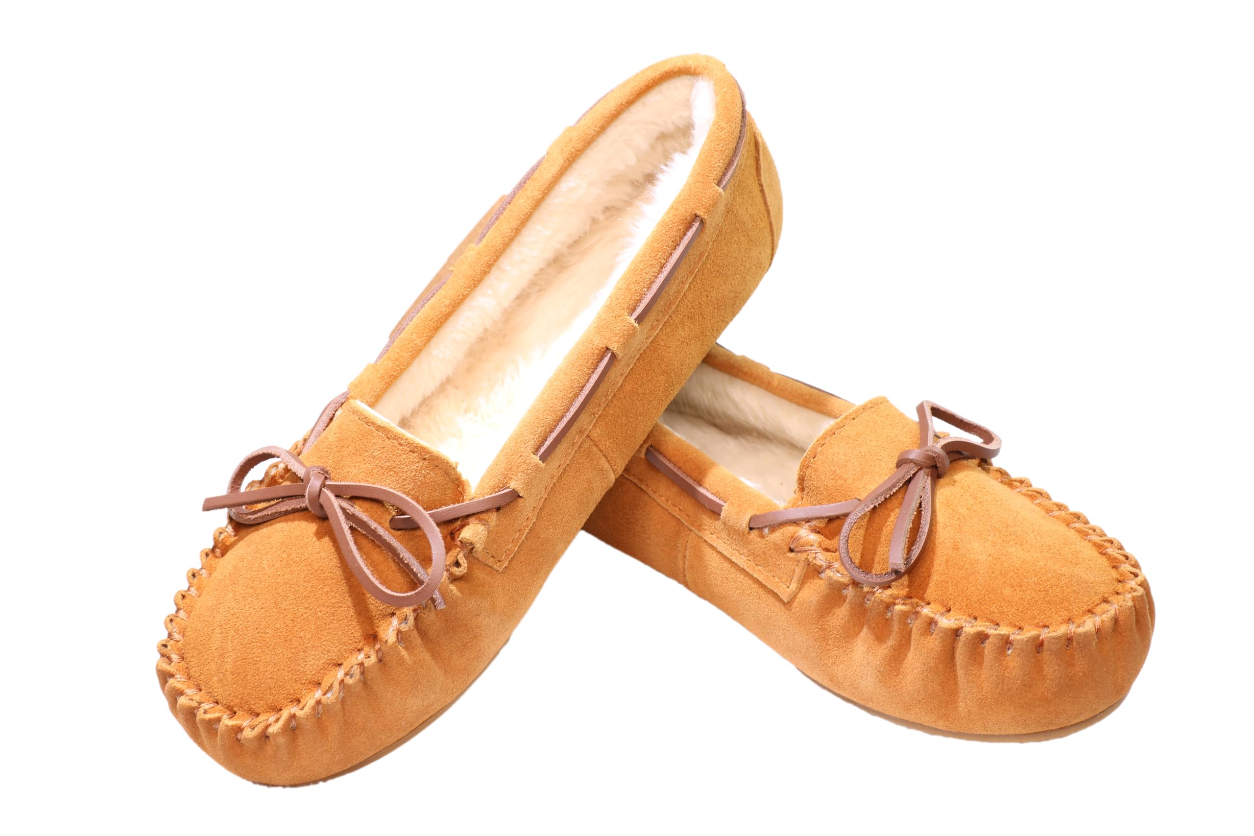 PEDOQU Women's Moccasin Slippers Cow Suede Warm Faux Fur Pile Lined Lace-Up Cozy Bow Indoor & Outdoor Moccasins Slip On Loafers Shoes for Women