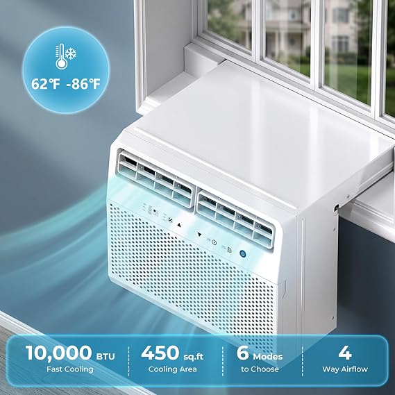 10,000 BTU U-Shaped Window Air Conditioner, Window AC Unit Cools Up to 450 Sq. Ft for Bedroom/Small Room, Saddle AC Unit with Full Window View, Quiet & Energy Saving, Installation Kit Included